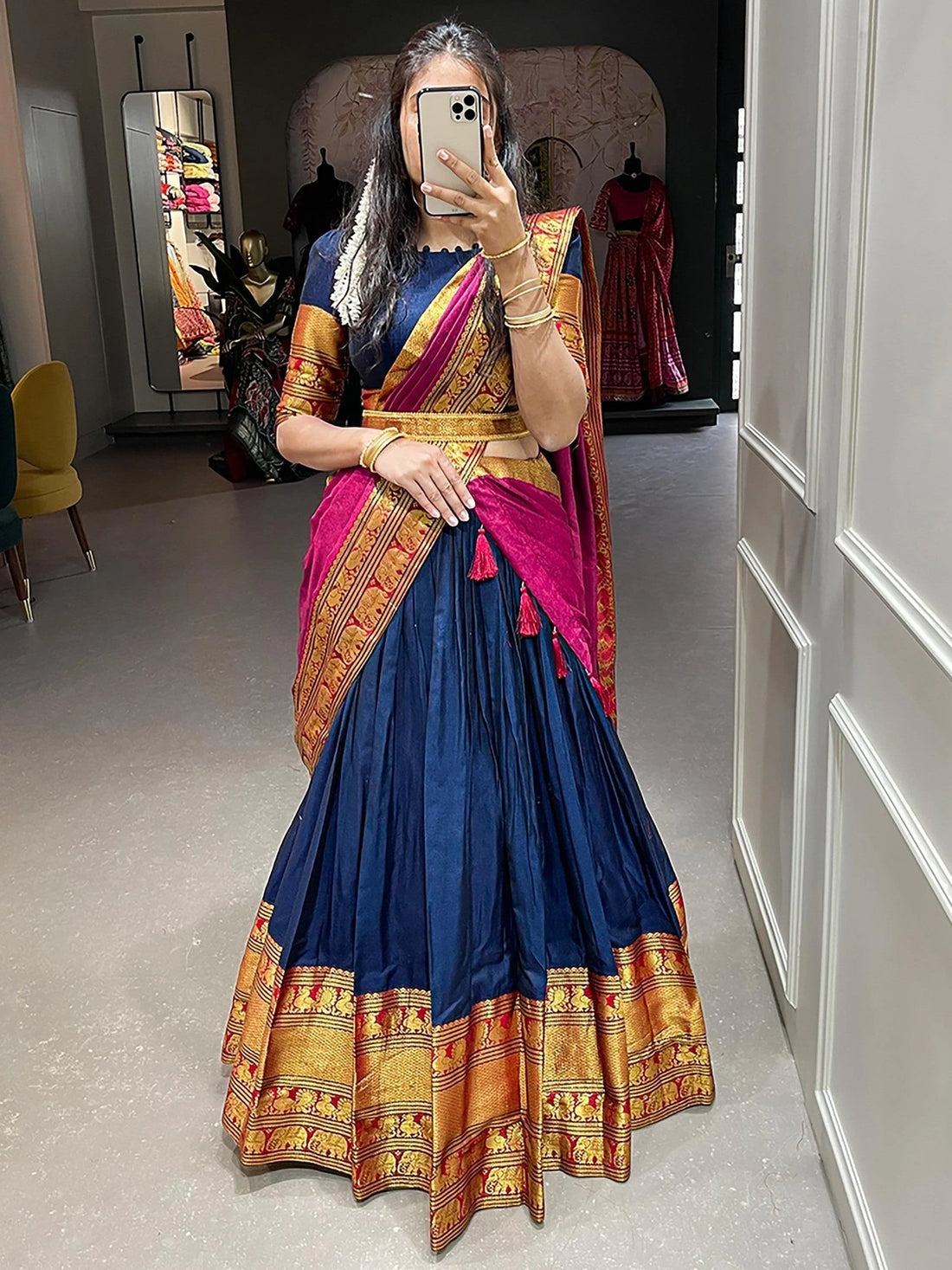 Astonishing Navy Blue Zari Cotton Half Saree Lehenga With Belt