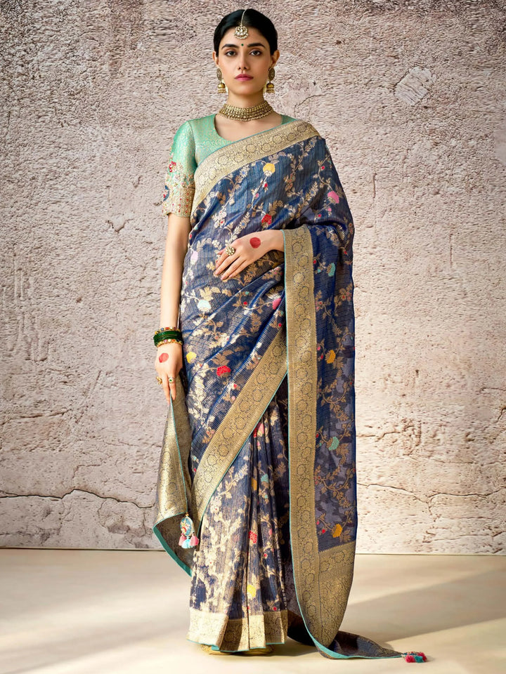 Astonishing Navy Blue Zari Weaving Silk Festival Wear Saree With Blouse - Zeel Clothing