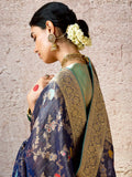 Astonishing Navy Blue Zari Weaving Silk Festival Wear Saree With Blouse - Zeel Clothing