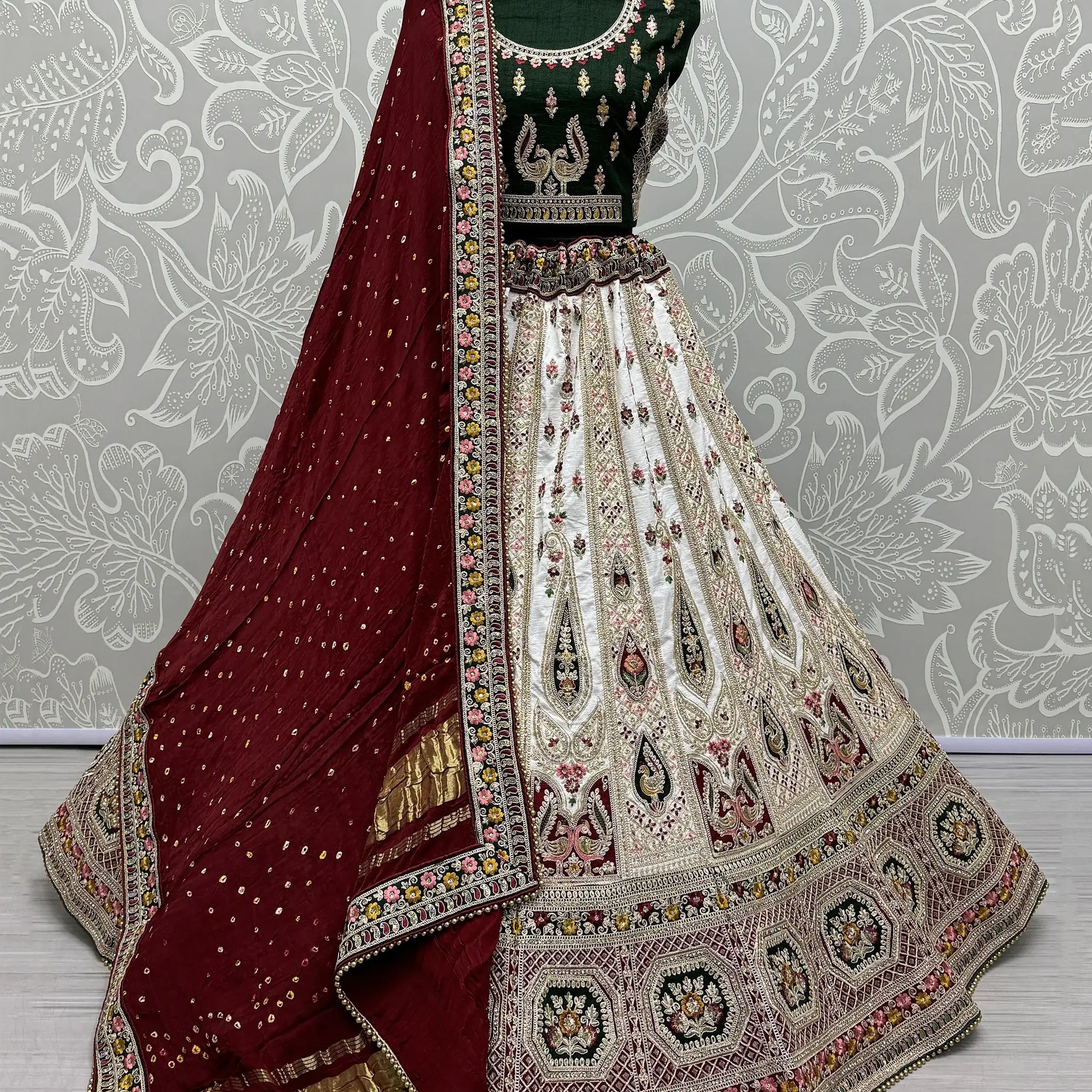 Astonishing Off-White Embroidered Silk Gujaratri Panetar Lehenga Choli - Zeel Clothing