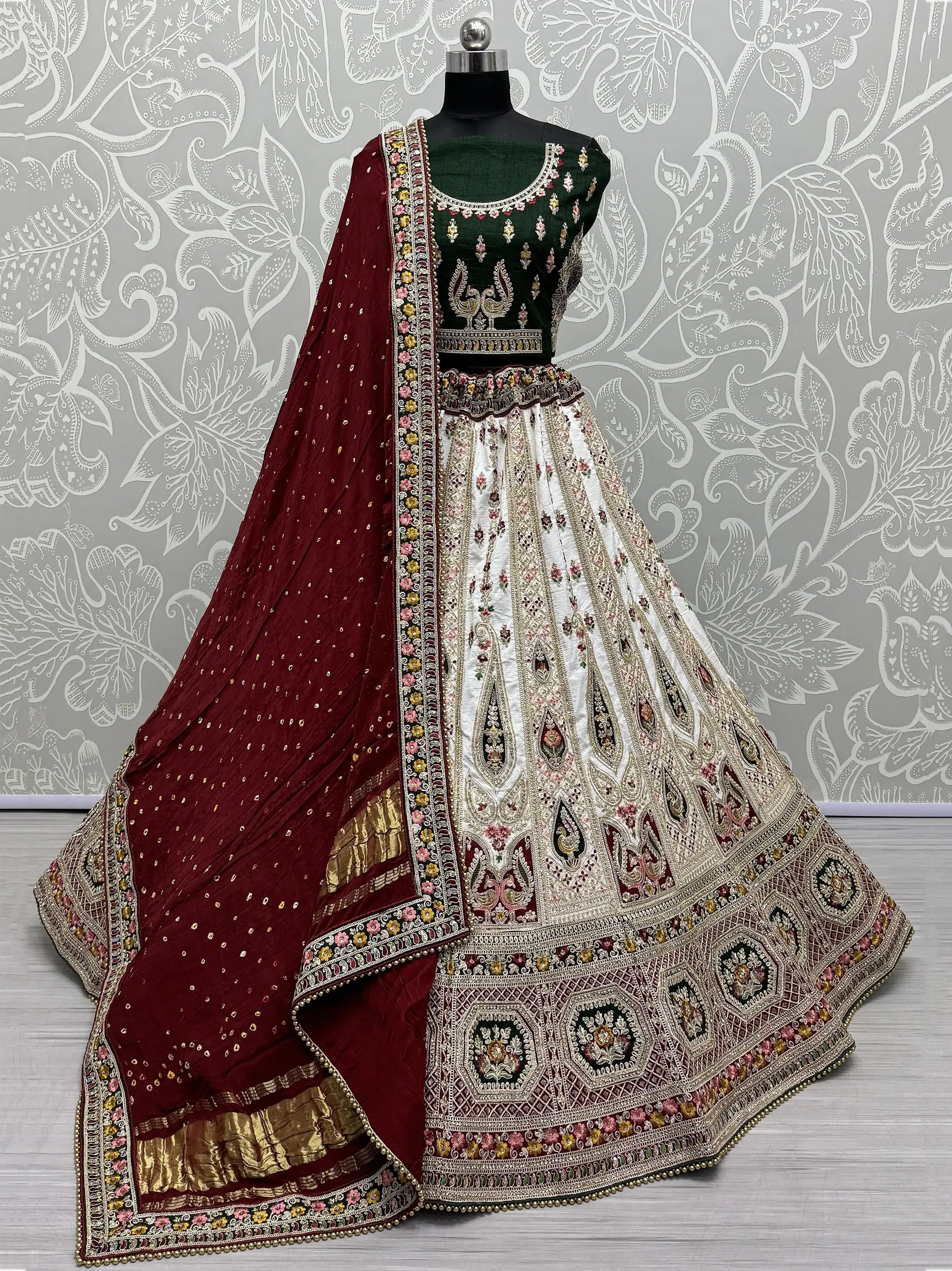 Astonishing Off-White Embroidered Silk Gujaratri Panetar Lehenga Choli - Zeel Clothing