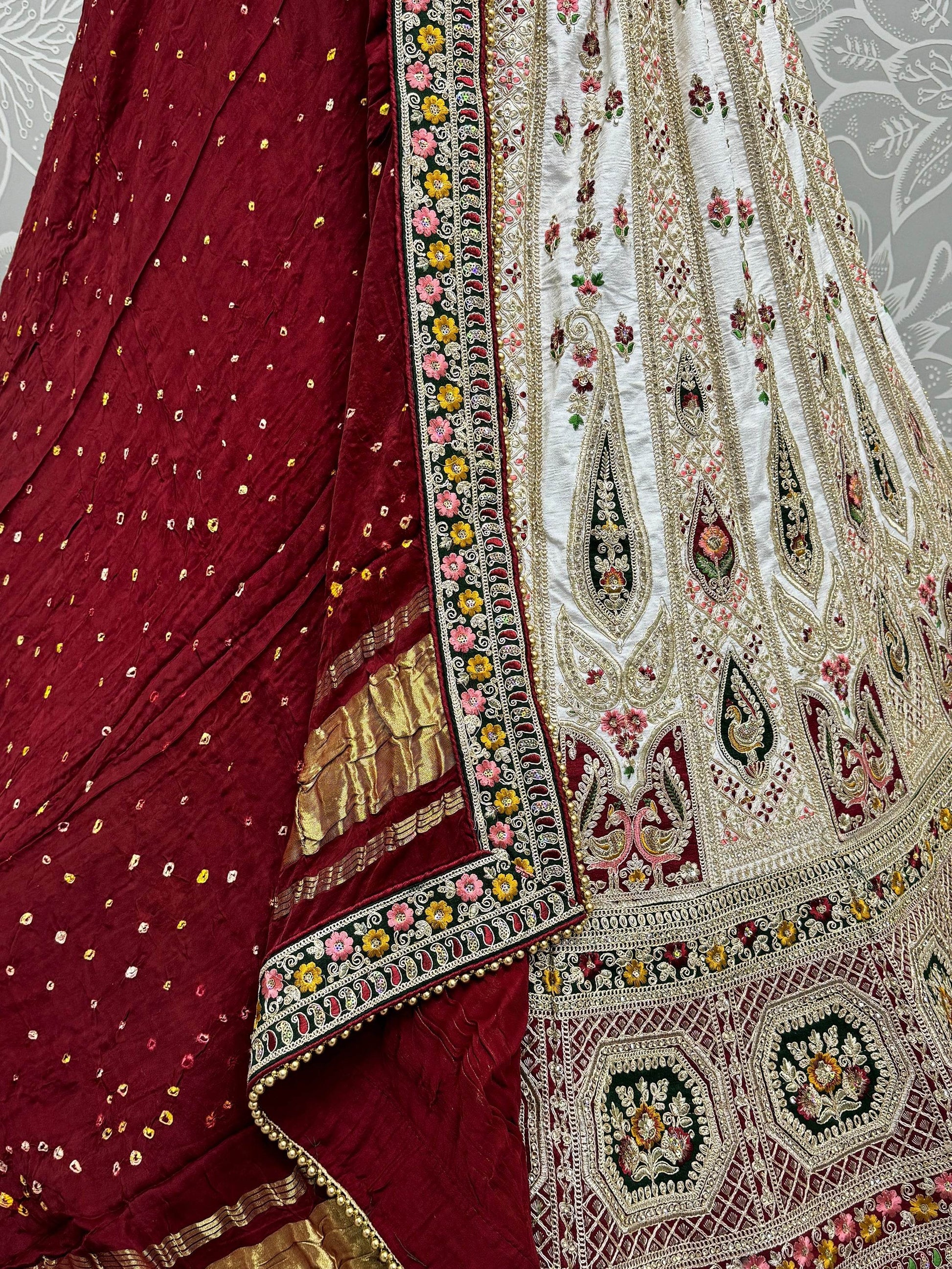 Astonishing Off-White Embroidered Silk Gujaratri Panetar Lehenga Choli - Zeel Clothing