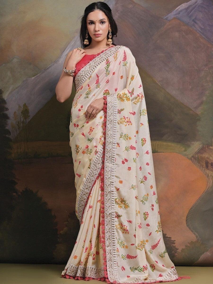 Astonishing Off-White Floral Printed Chinon Events Wear Saree