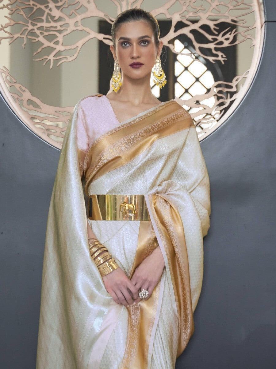 Astonishing Off-White Zari Weaving Silk Wedding Wear Saree