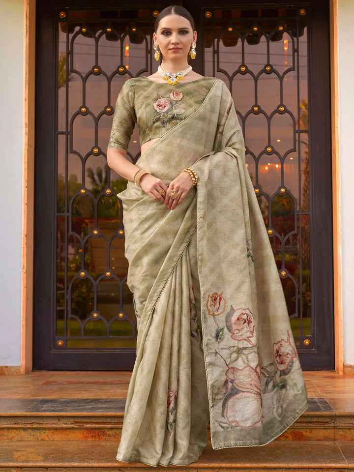 Astonishing Olive Green Printed Silk Festival Wear Saree With Blouse - Zeel Clothing
