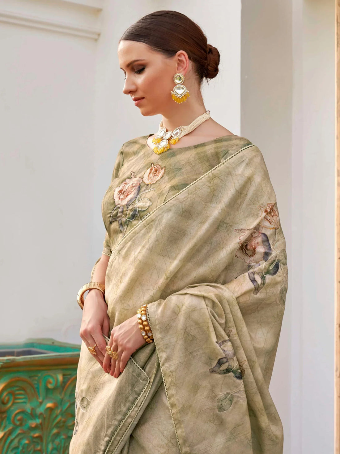 Astonishing Olive Green Printed Silk Festival Wear Saree With Blouse - Zeel Clothing