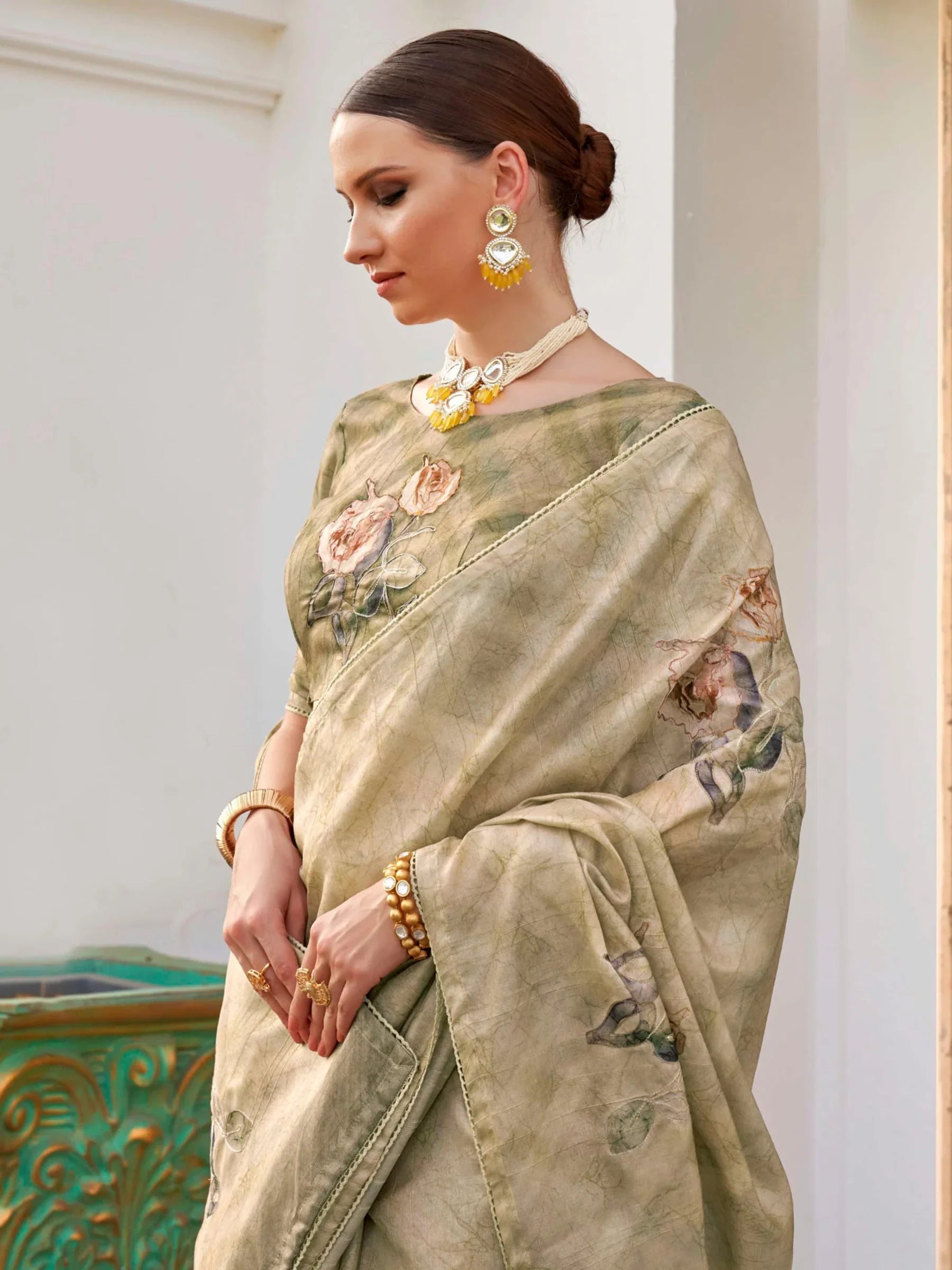 Astonishing Olive Green Printed Silk Festival Wear Saree With Blouse - Zeel Clothing