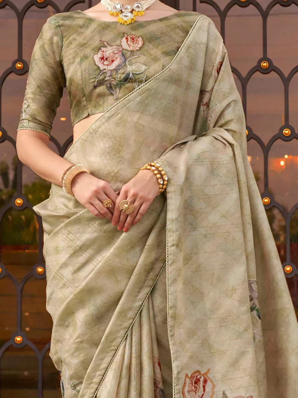 Astonishing Olive Green Printed Silk Festival Wear Saree With Blouse - Zeel Clothing