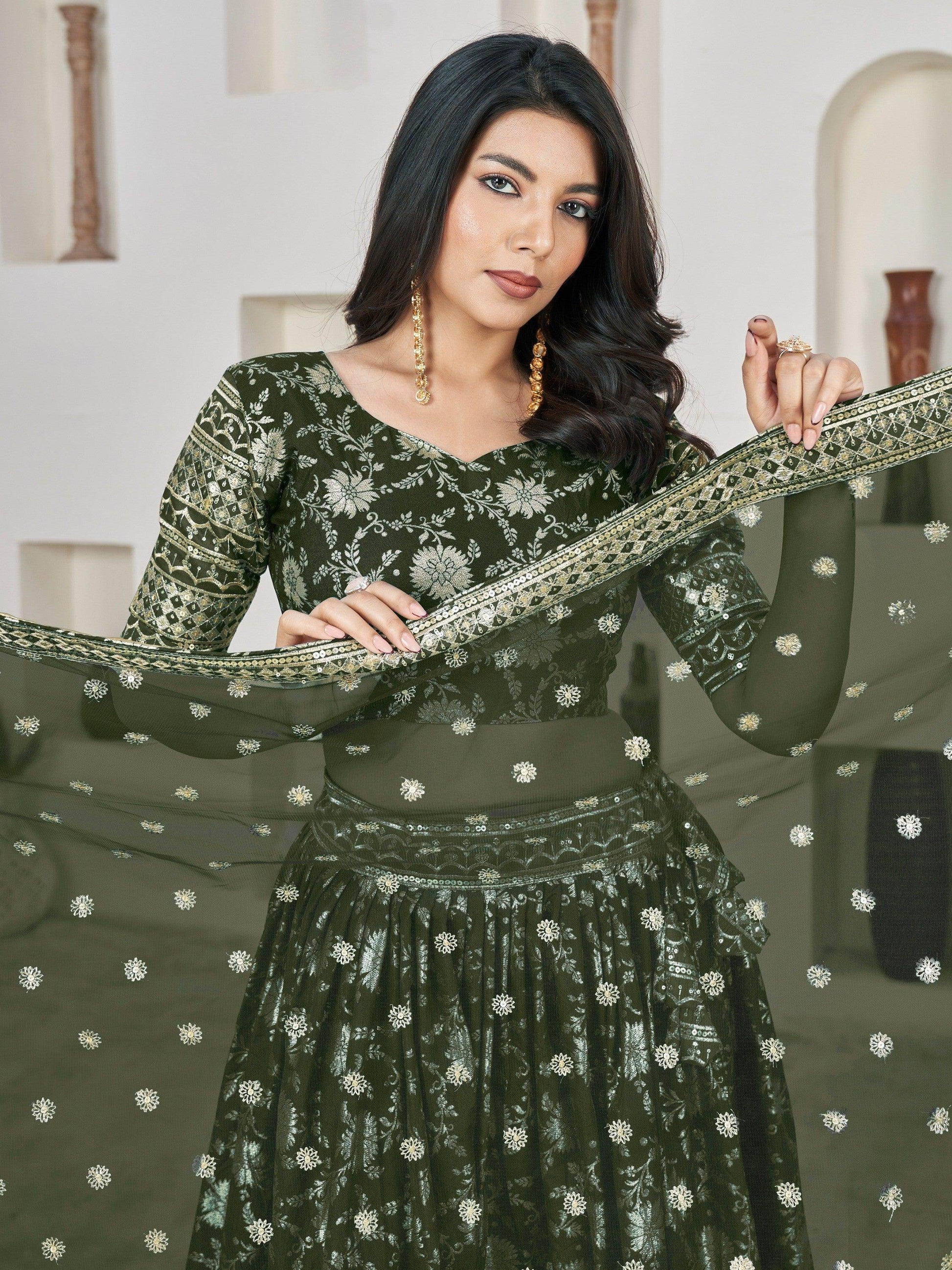 Astonishing Olive Green Zari Embroidered Jacquard Lehenga Choli - Zeel Clothing
