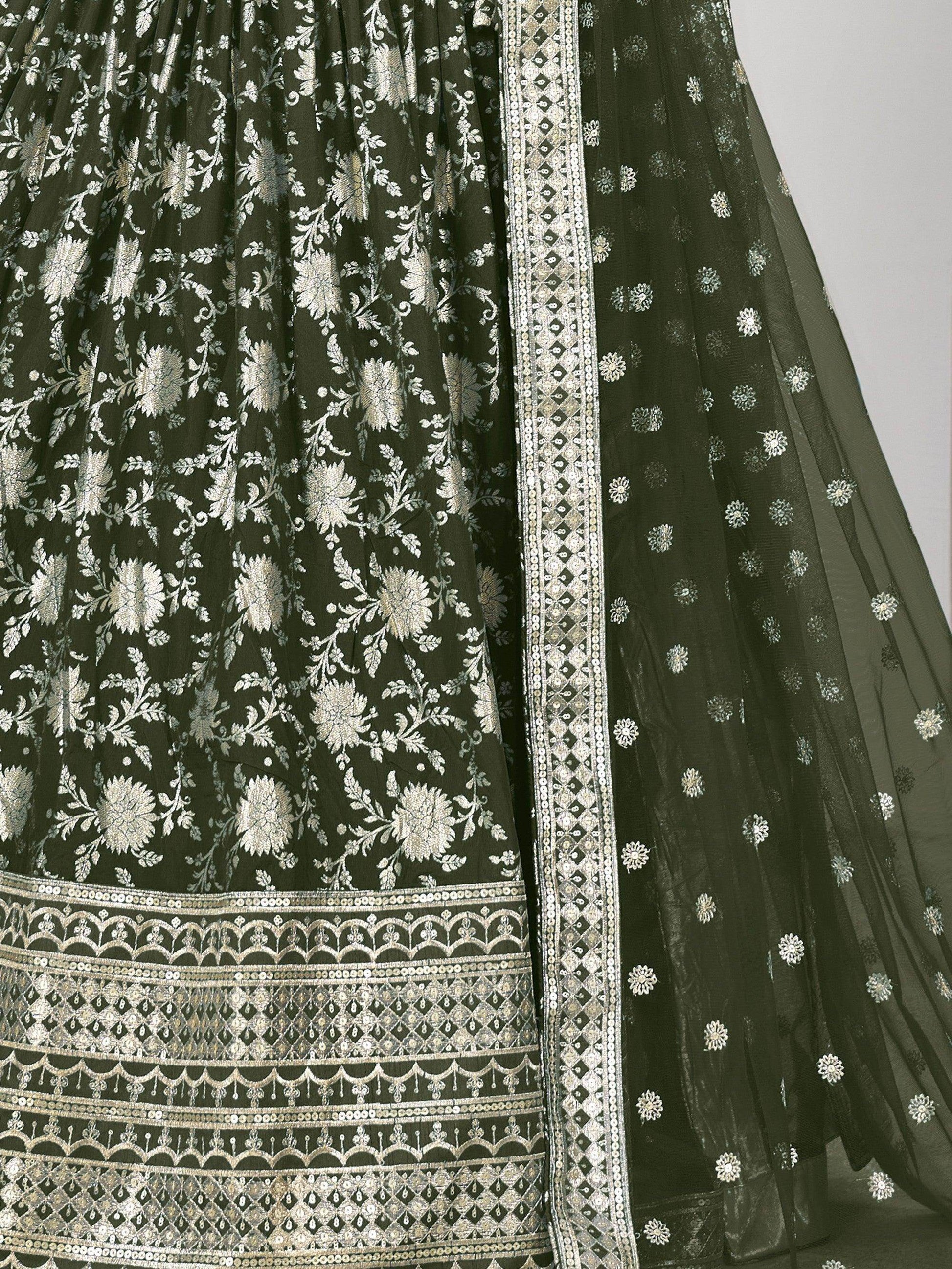 Astonishing Olive Green Zari Embroidered Jacquard Lehenga Choli - Zeel Clothing
