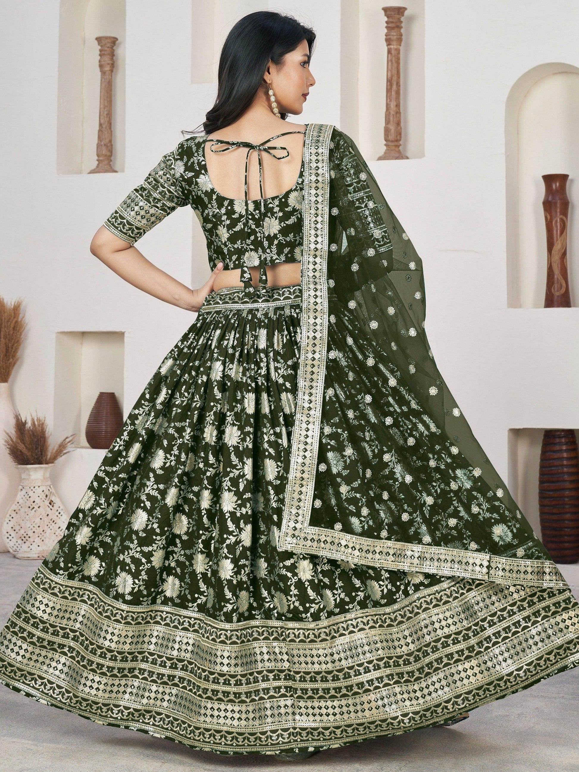 Astonishing Olive Green Zari Embroidered Jacquard Lehenga Choli - Zeel Clothing
