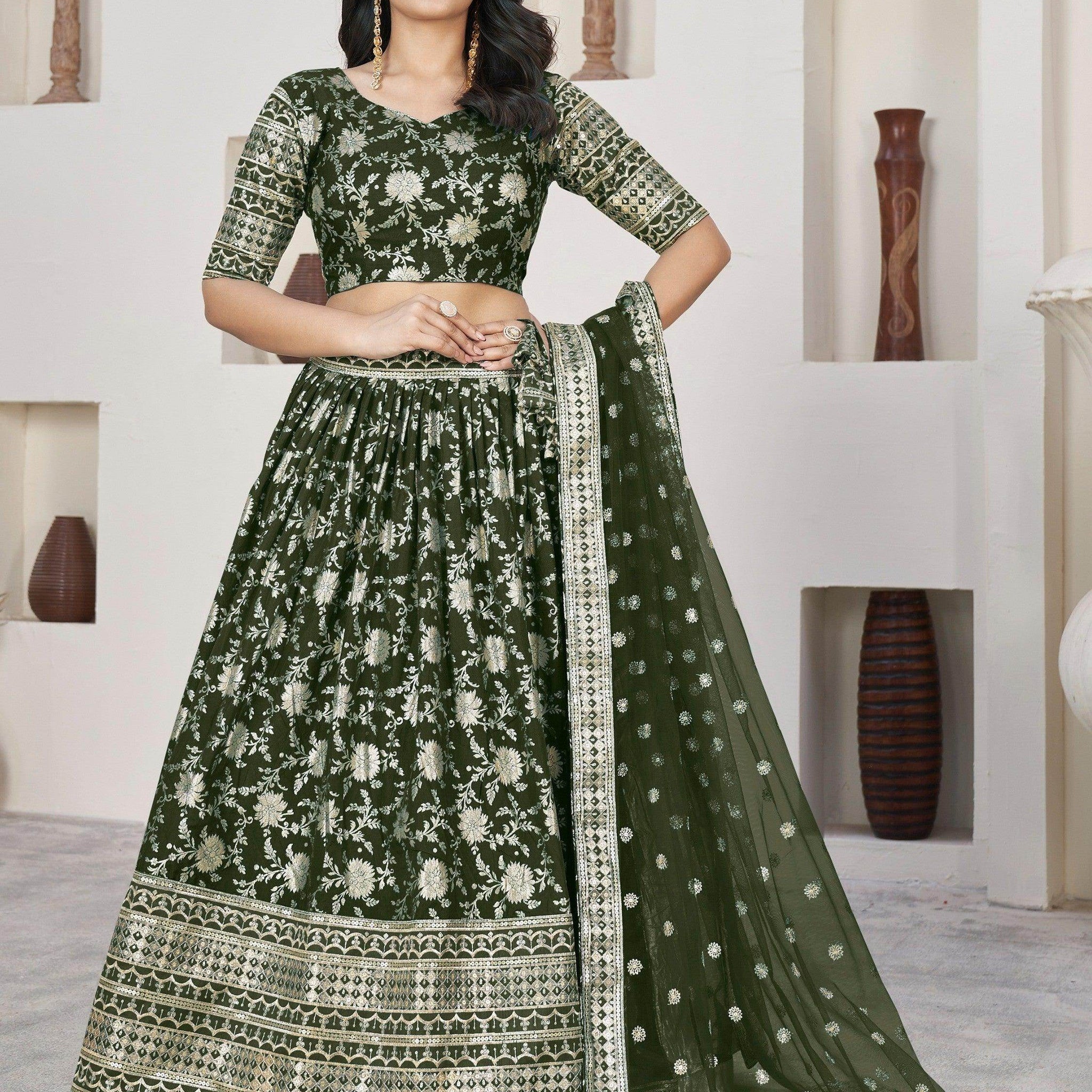 Astonishing Olive Green Zari Embroidered Jacquard Lehenga Choli - Zeel Clothing