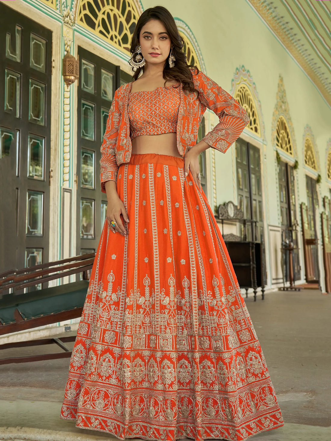 Astonishing Orange Chinnon Wedding Wear Lehenga Choli With Koti - Zeel Clothing