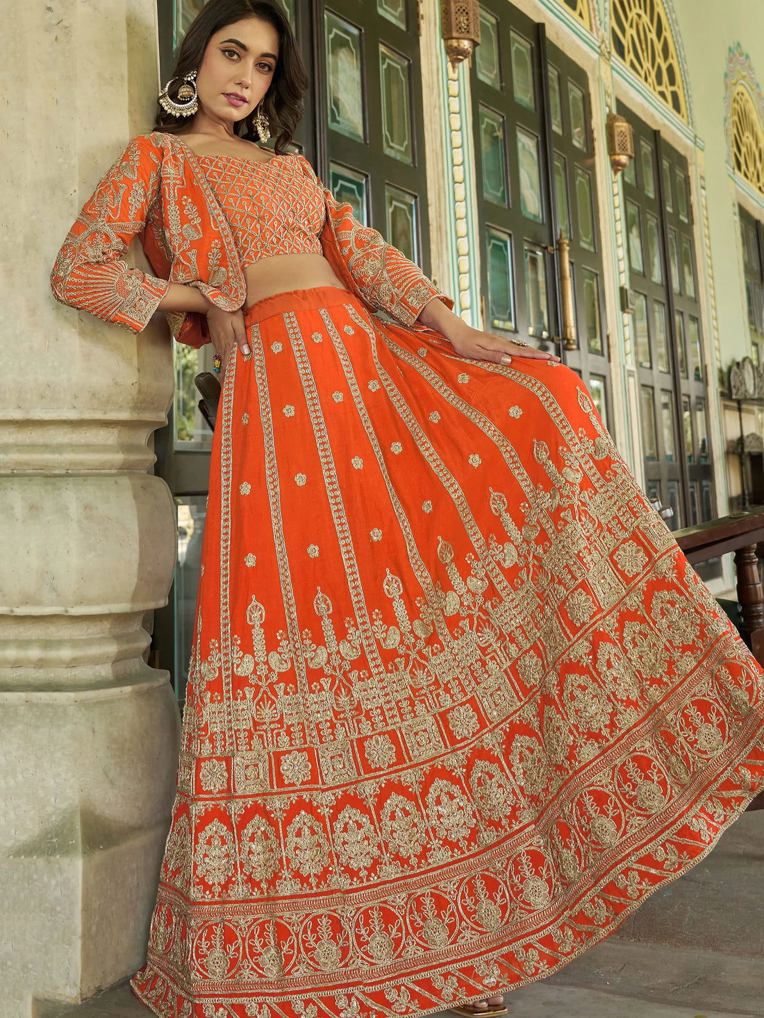 Astonishing Orange Chinnon Wedding Wear Lehenga Choli With Koti - Zeel Clothing