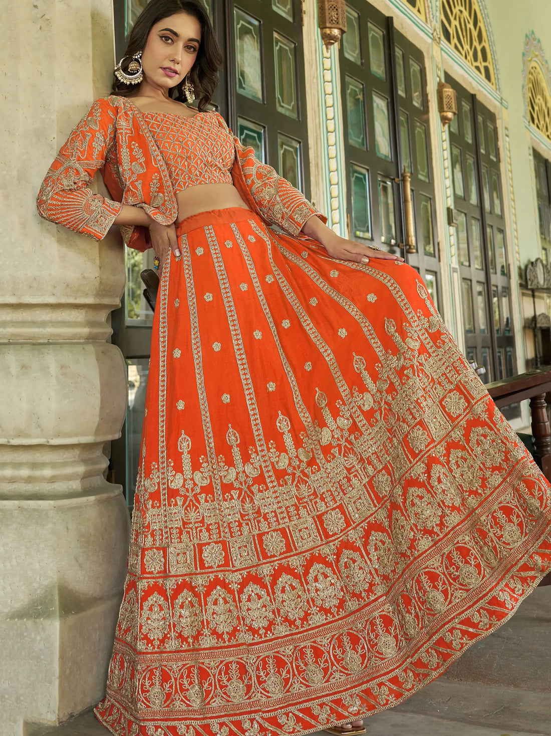 Astonishing Orange Chinnon Wedding Wear Lehenga Choli With Koti - Zeel Clothing