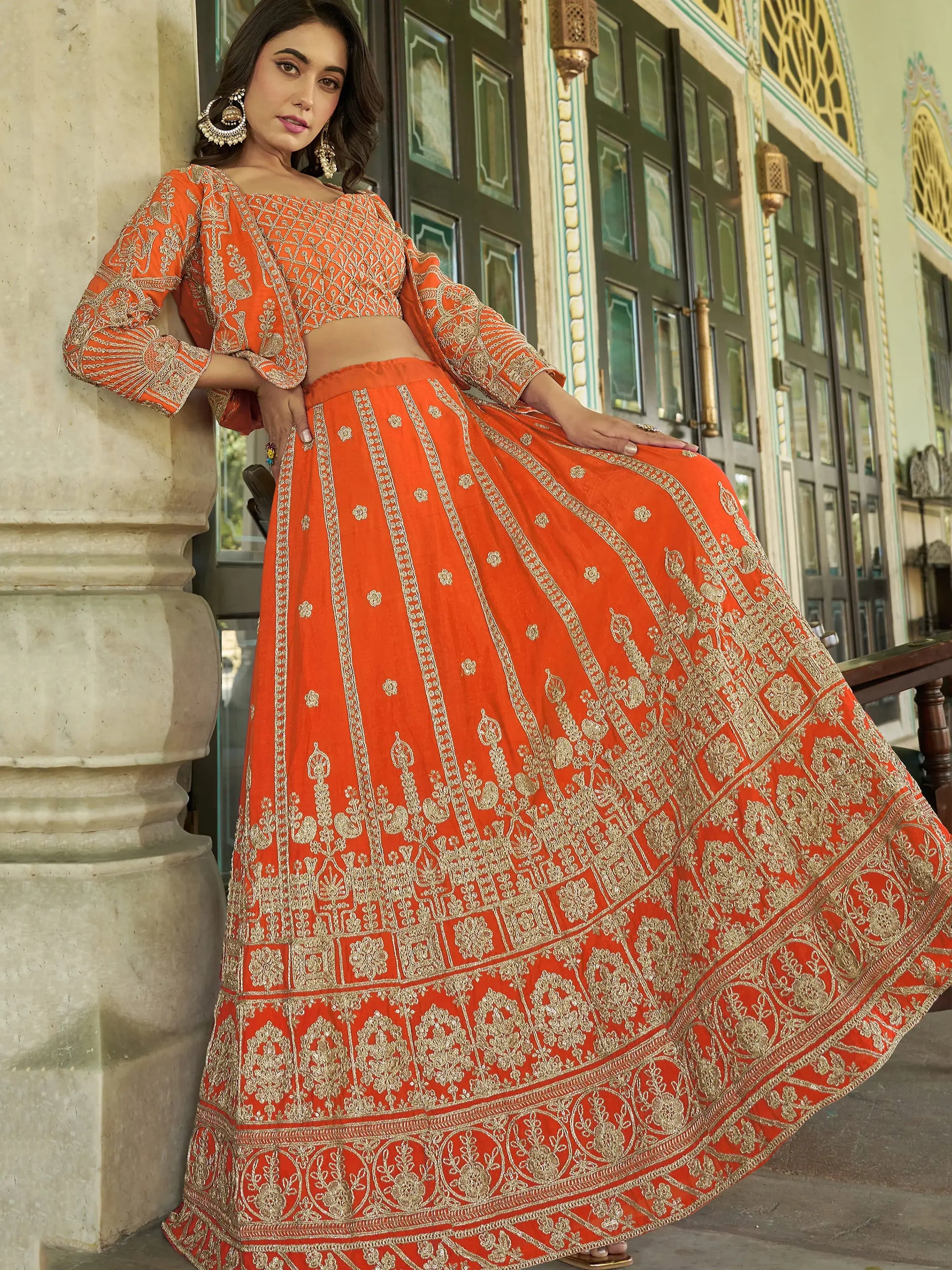 Astonishing Orange Chinnon Wedding Wear Lehenga Choli With Koti - Zeel Clothing