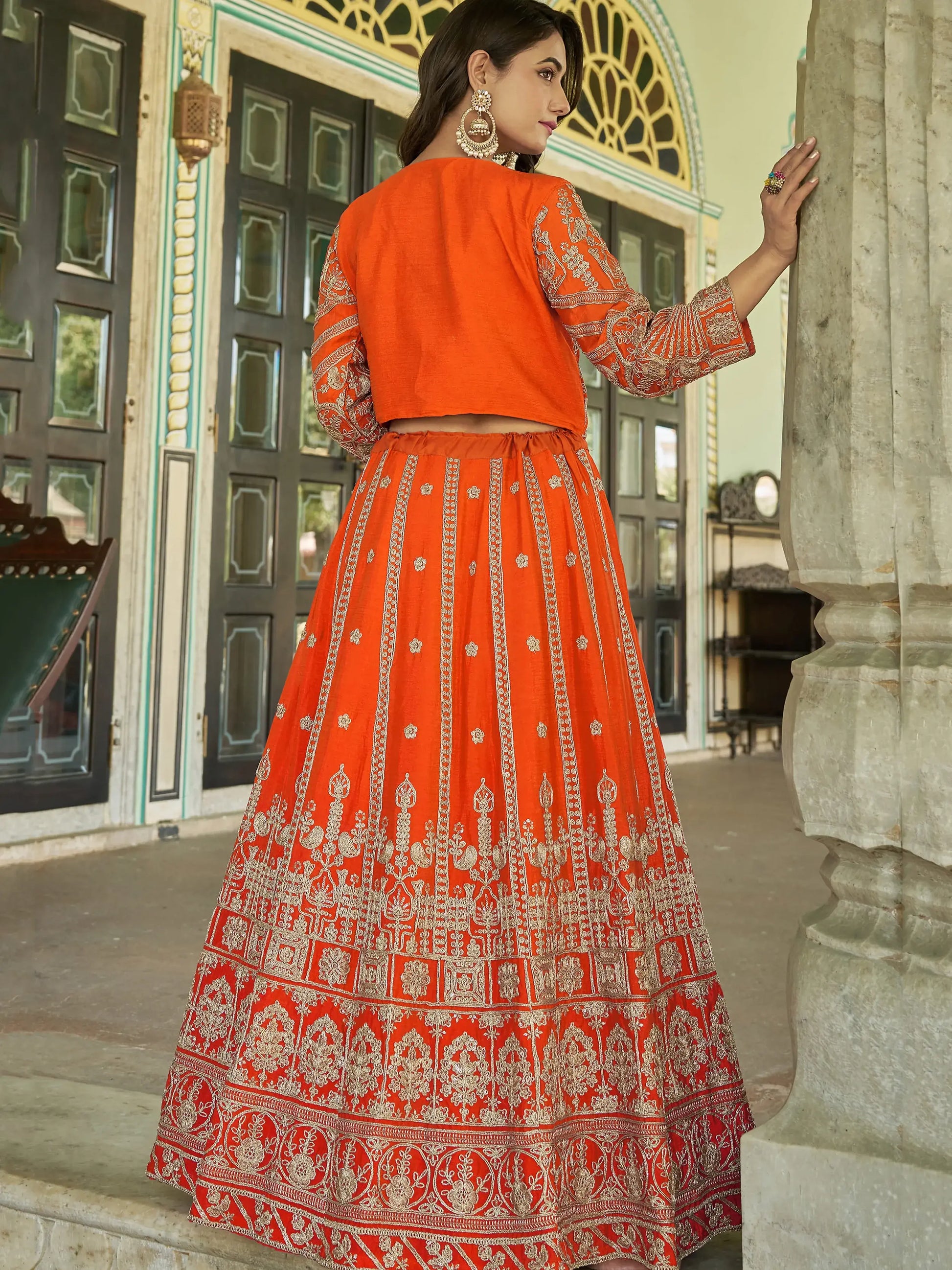 Astonishing Orange Chinnon Wedding Wear Lehenga Choli With Koti - Zeel Clothing