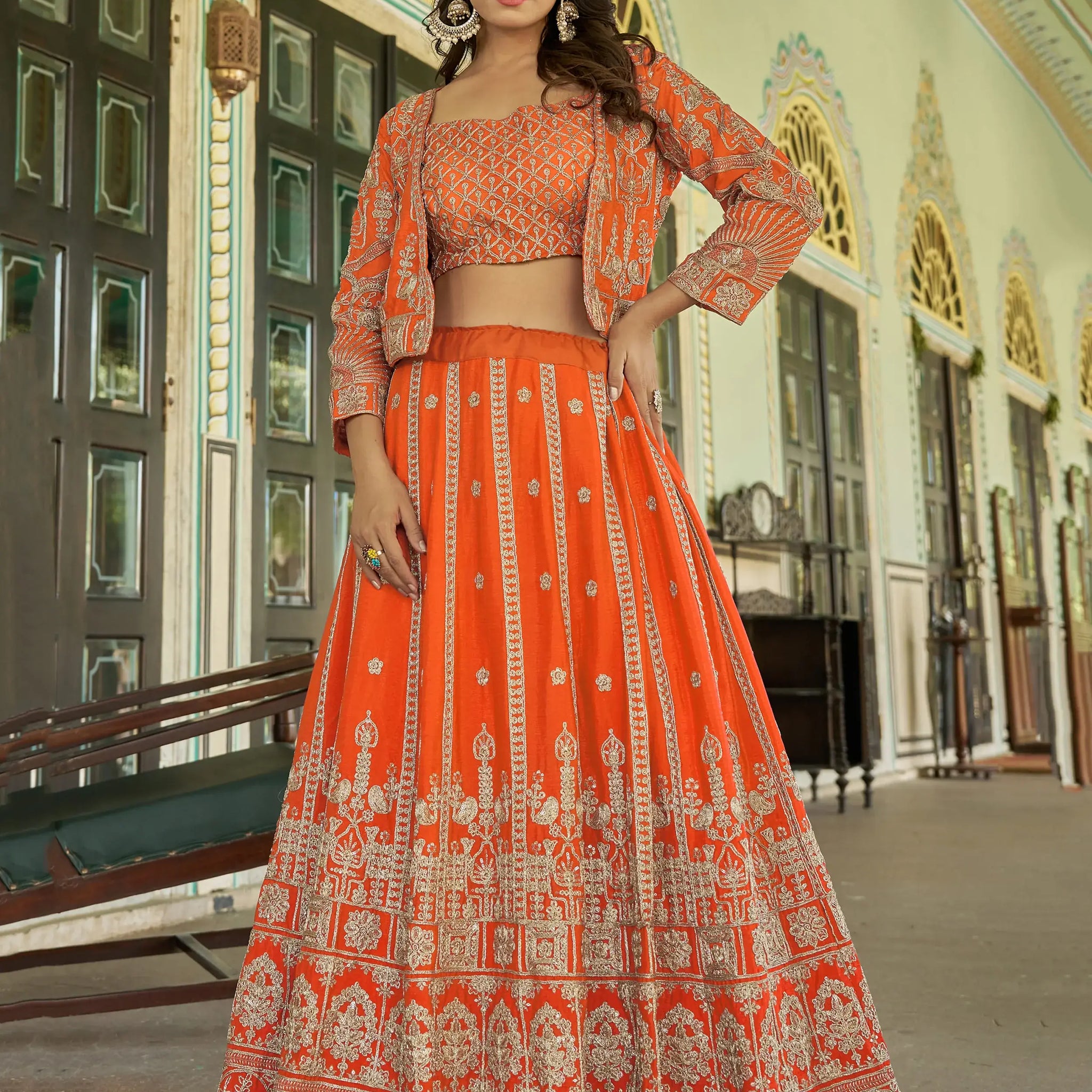 Astonishing Orange Chinnon Wedding Wear Lehenga Choli With Koti - Zeel Clothing