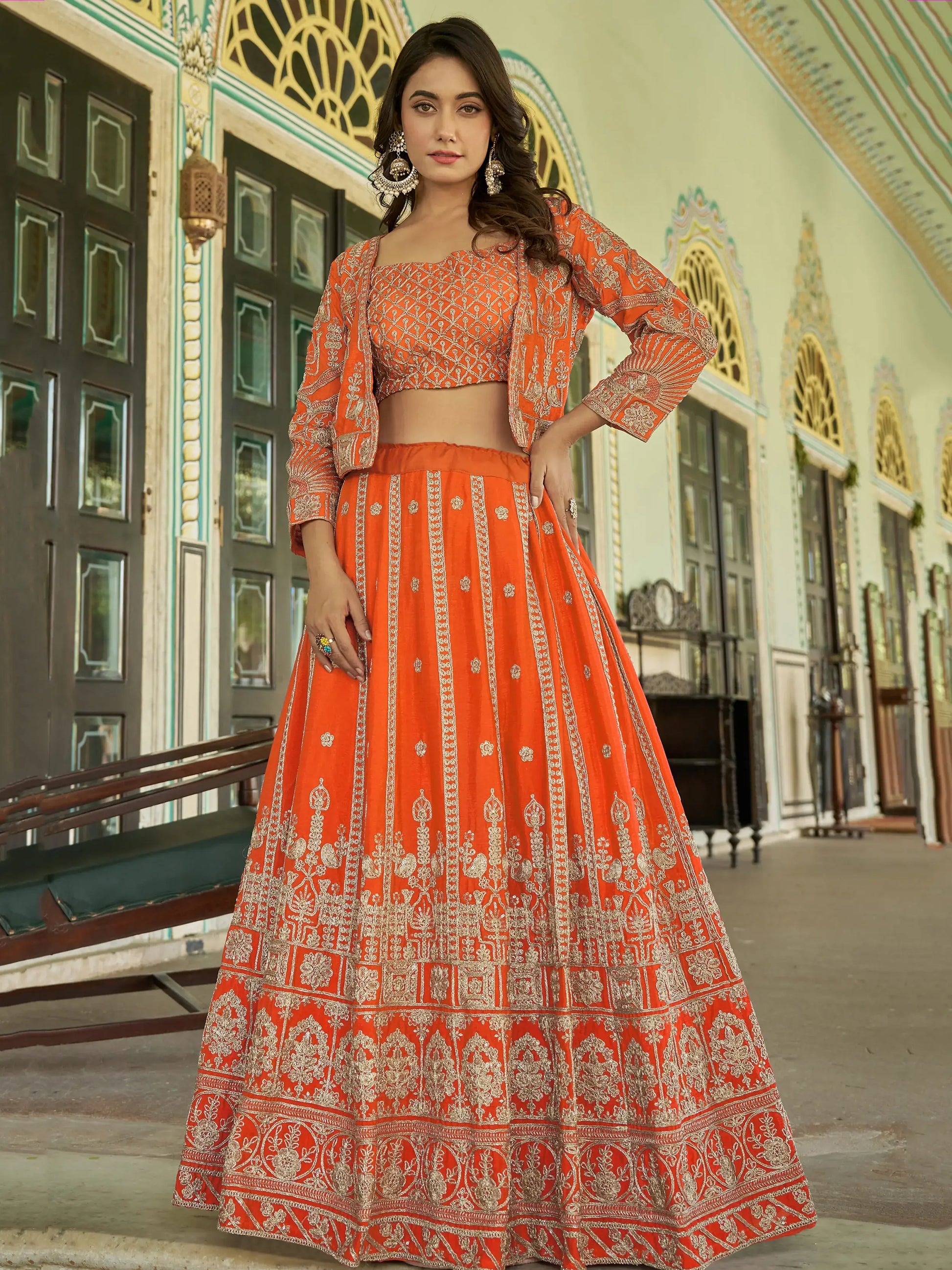 Astonishing Orange Chinnon Wedding Wear Lehenga Choli With Koti - Zeel Clothing