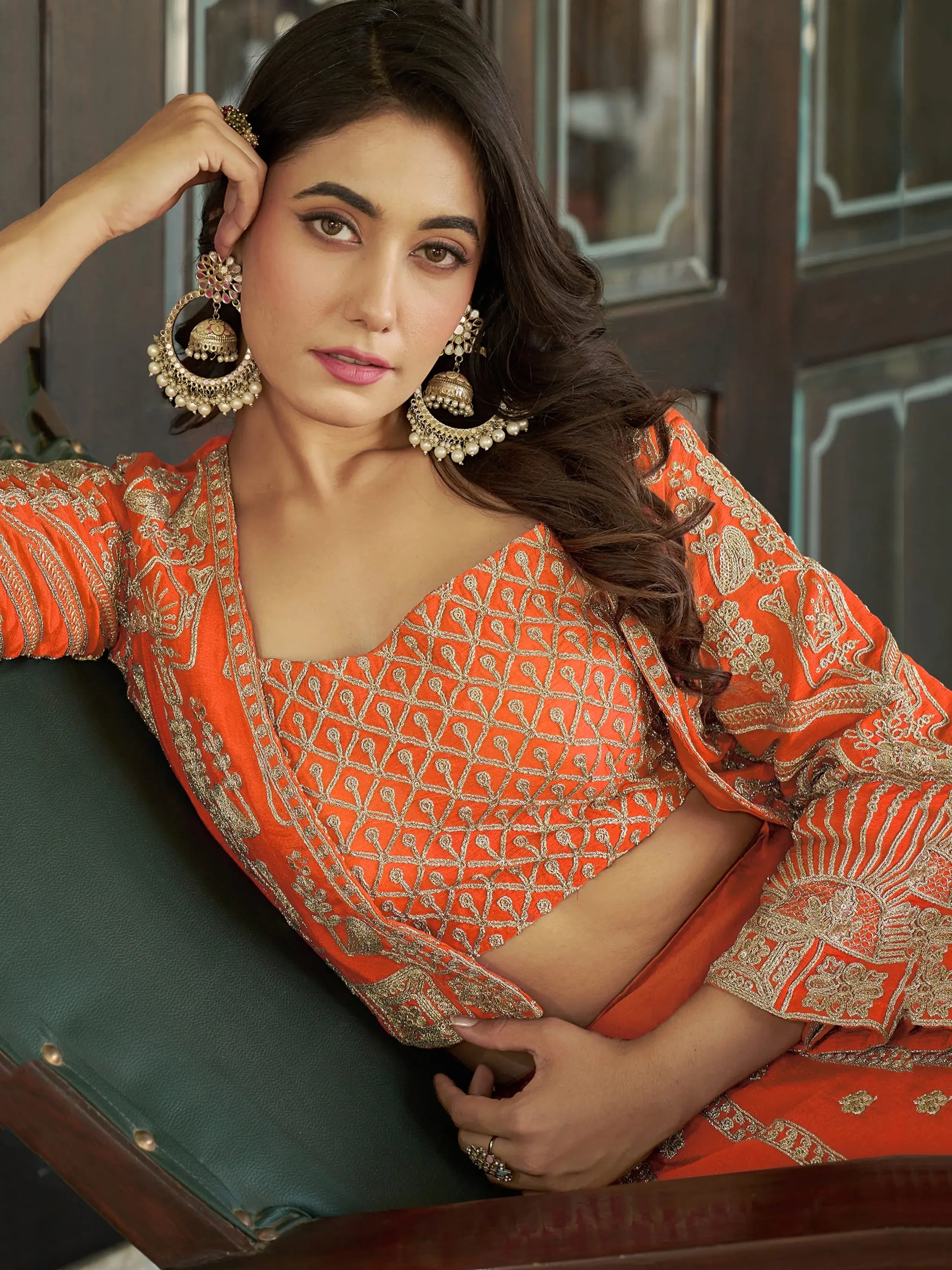 Astonishing Orange Chinnon Wedding Wear Lehenga Choli With Koti - Zeel Clothing