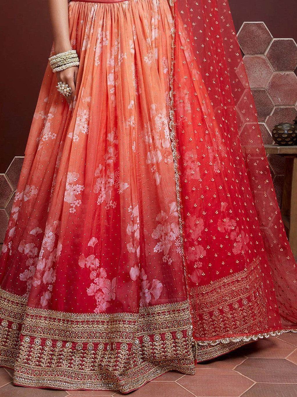 Astonishing Orange Digital Printed Organza Silk Lehenga Choli - Zeel Clothing