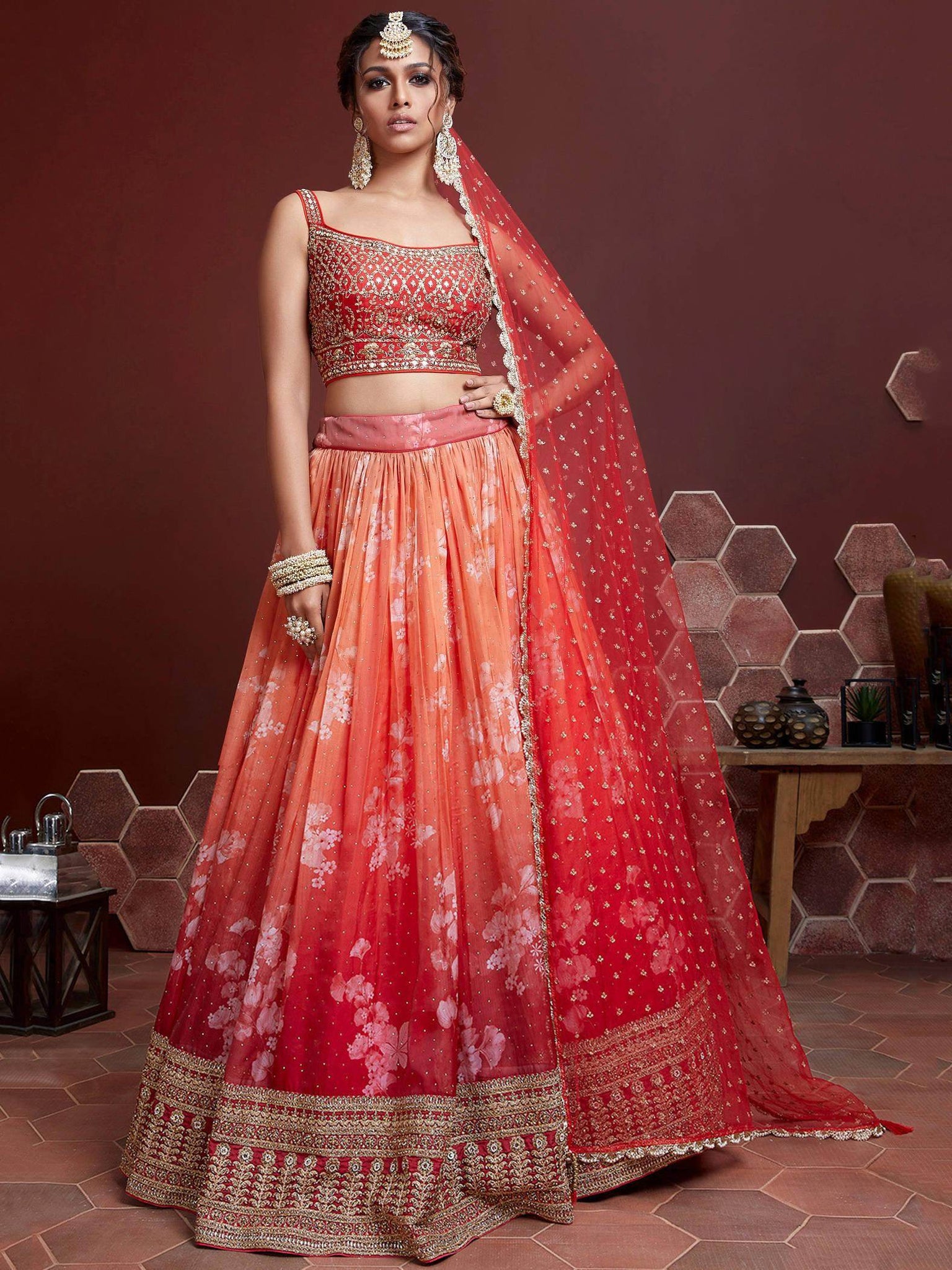 Astonishing Orange Digital Printed Organza Silk Lehenga Choli - Zeel Clothing