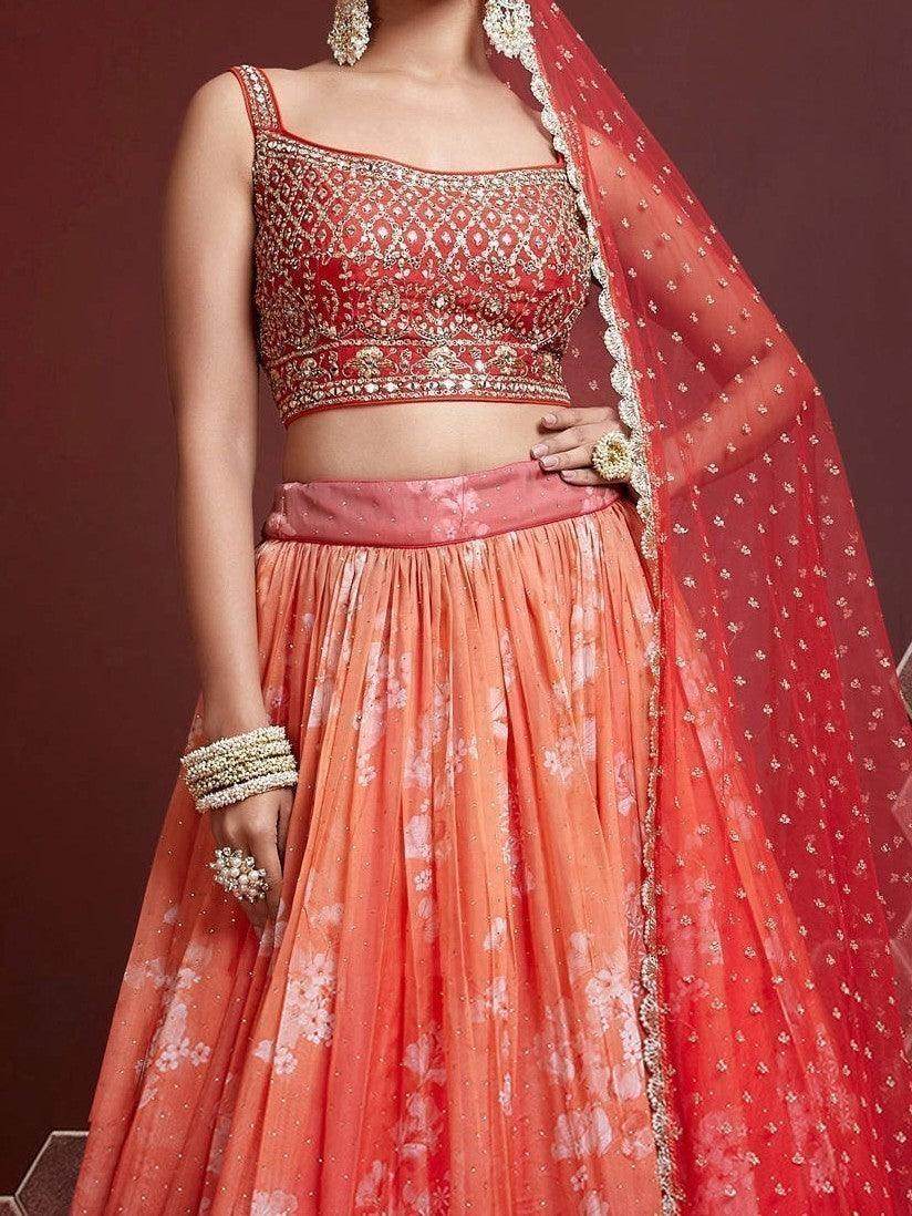 Astonishing Orange Digital Printed Organza Silk Lehenga Choli - Zeel Clothing
