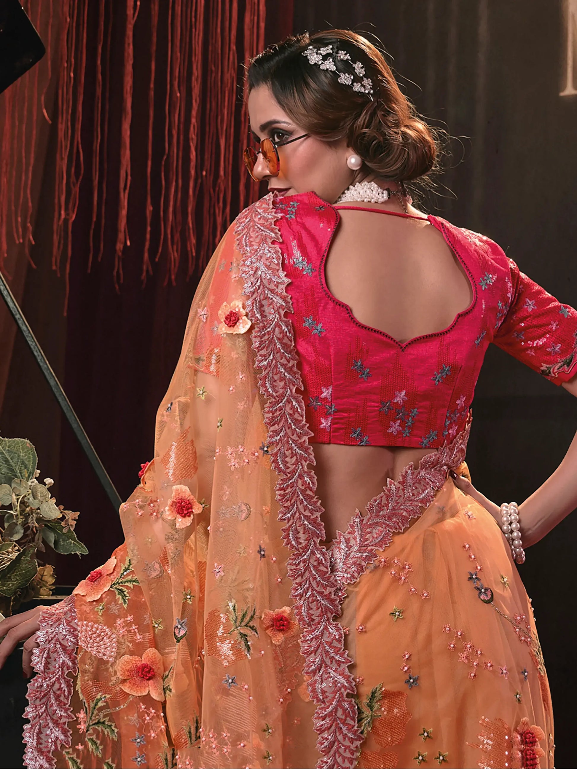 Astonishing Orange Sequins Net Engagements Wear Saree With Blouse - Zeel Clothing