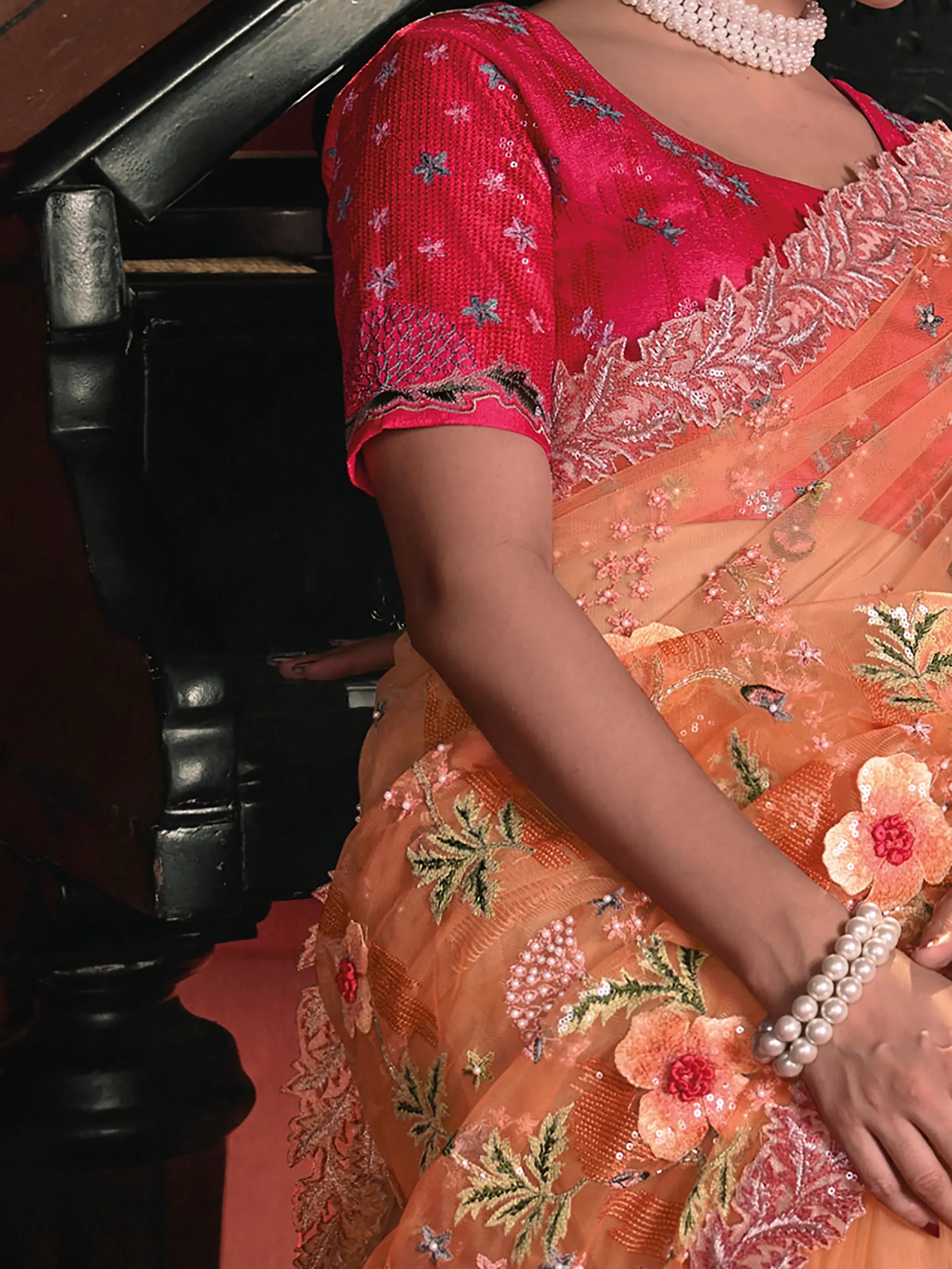 Astonishing Orange Sequins Net Engagements Wear Saree With Blouse - Zeel Clothing