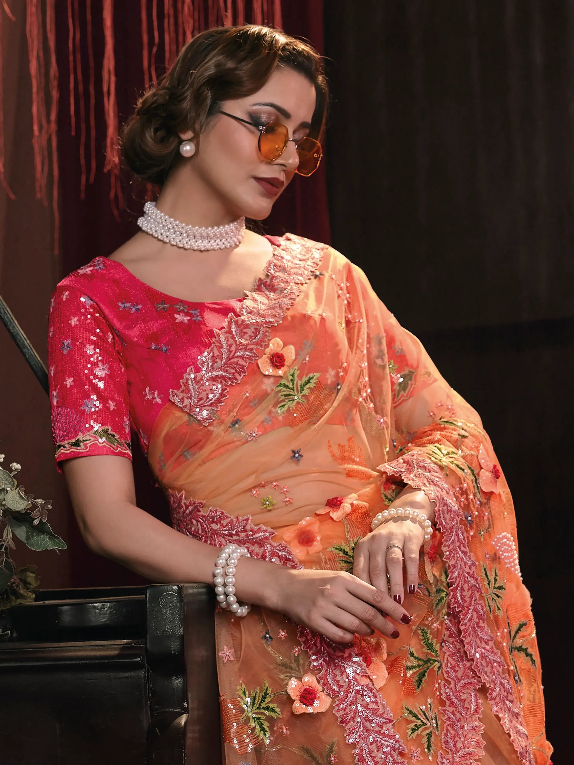 Astonishing Orange Sequins Net Engagements Wear Saree With Blouse - Zeel Clothing