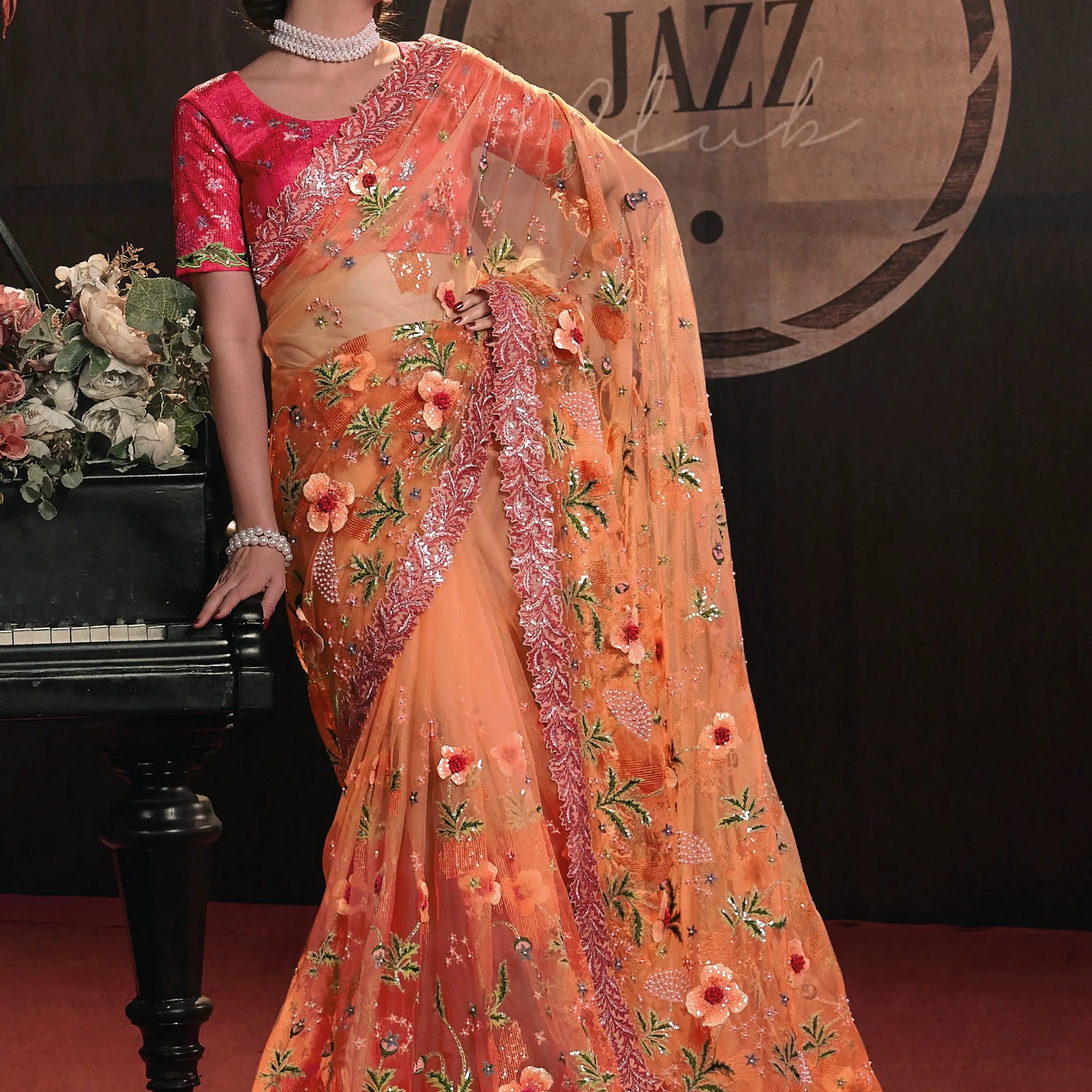 Astonishing Orange Sequins Net Engagements Wear Saree With Blouse - Zeel Clothing