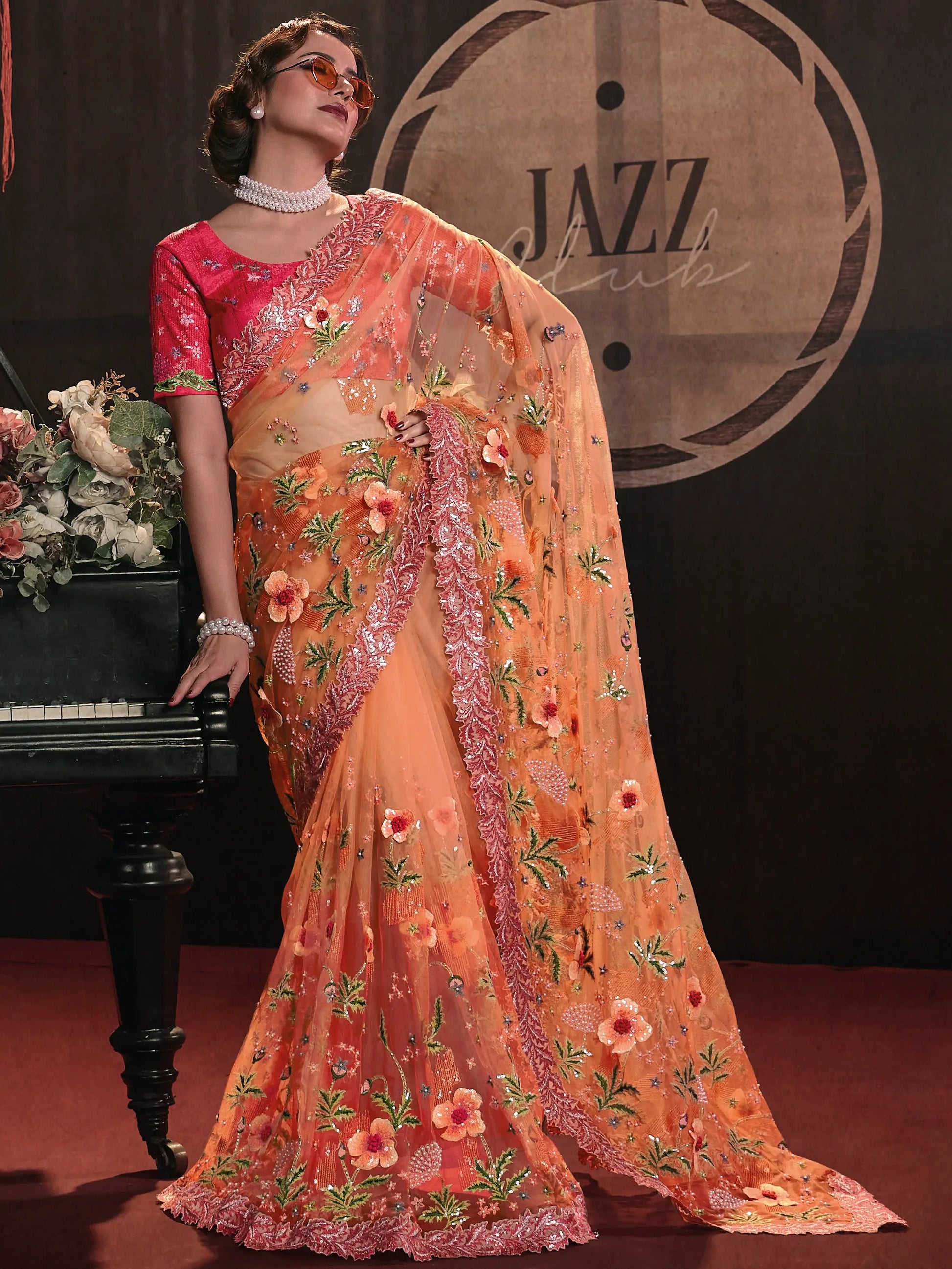 Astonishing Orange Sequins Net Engagements Wear Saree With Blouse - Zeel Clothing