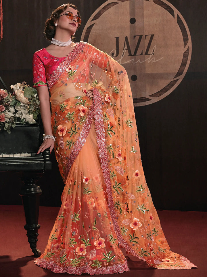 Astonishing Orange Sequins Net Engagements Wear Saree With Blouse - Zeel Clothing