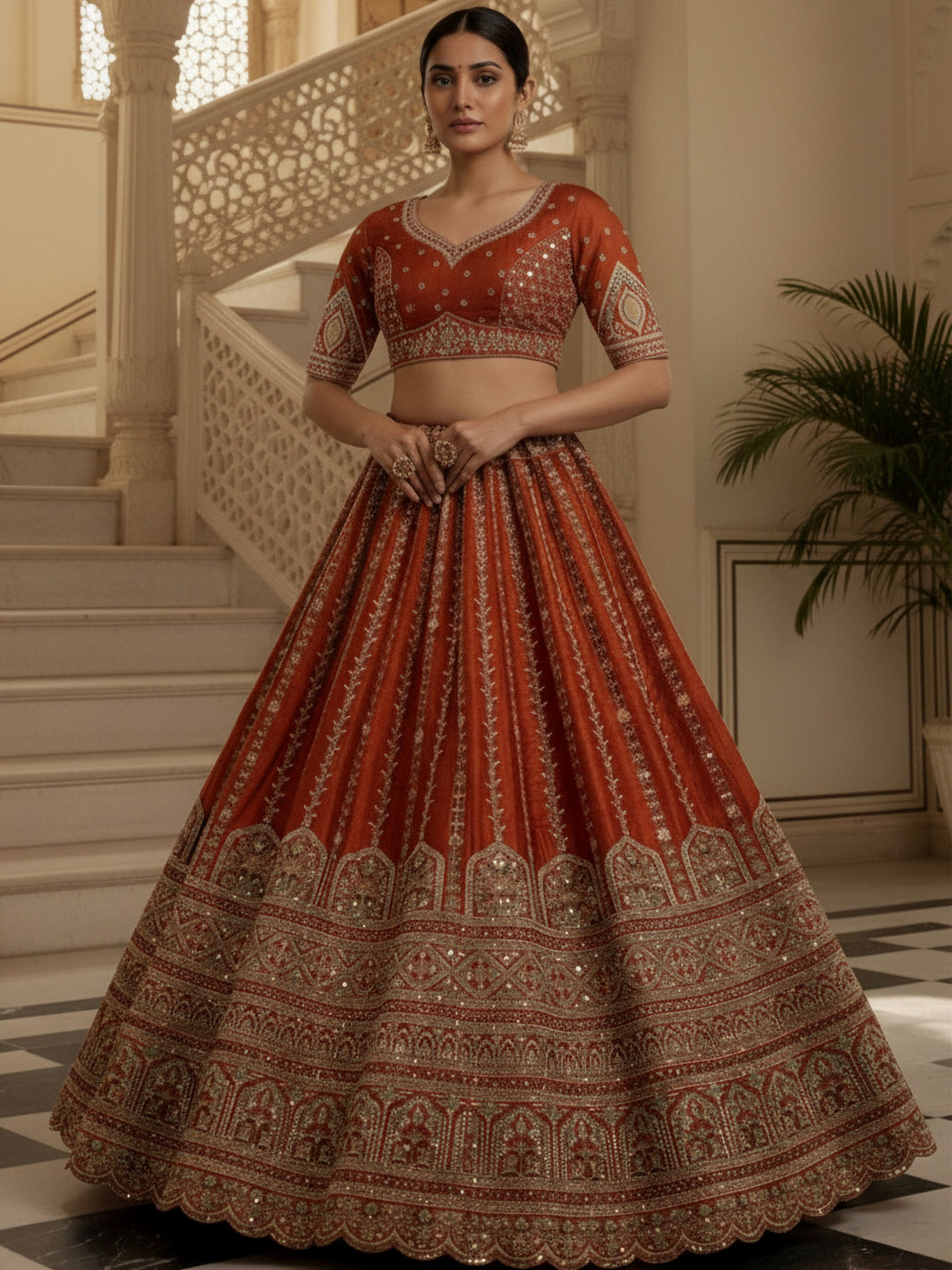 Astonishing Orange Thread Embroidery Silk Reception Lehenga Choli With Double Dupatta