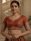 Astonishing Orange Thread Embroidery Silk Reception Lehenga Choli With Double Dupatta