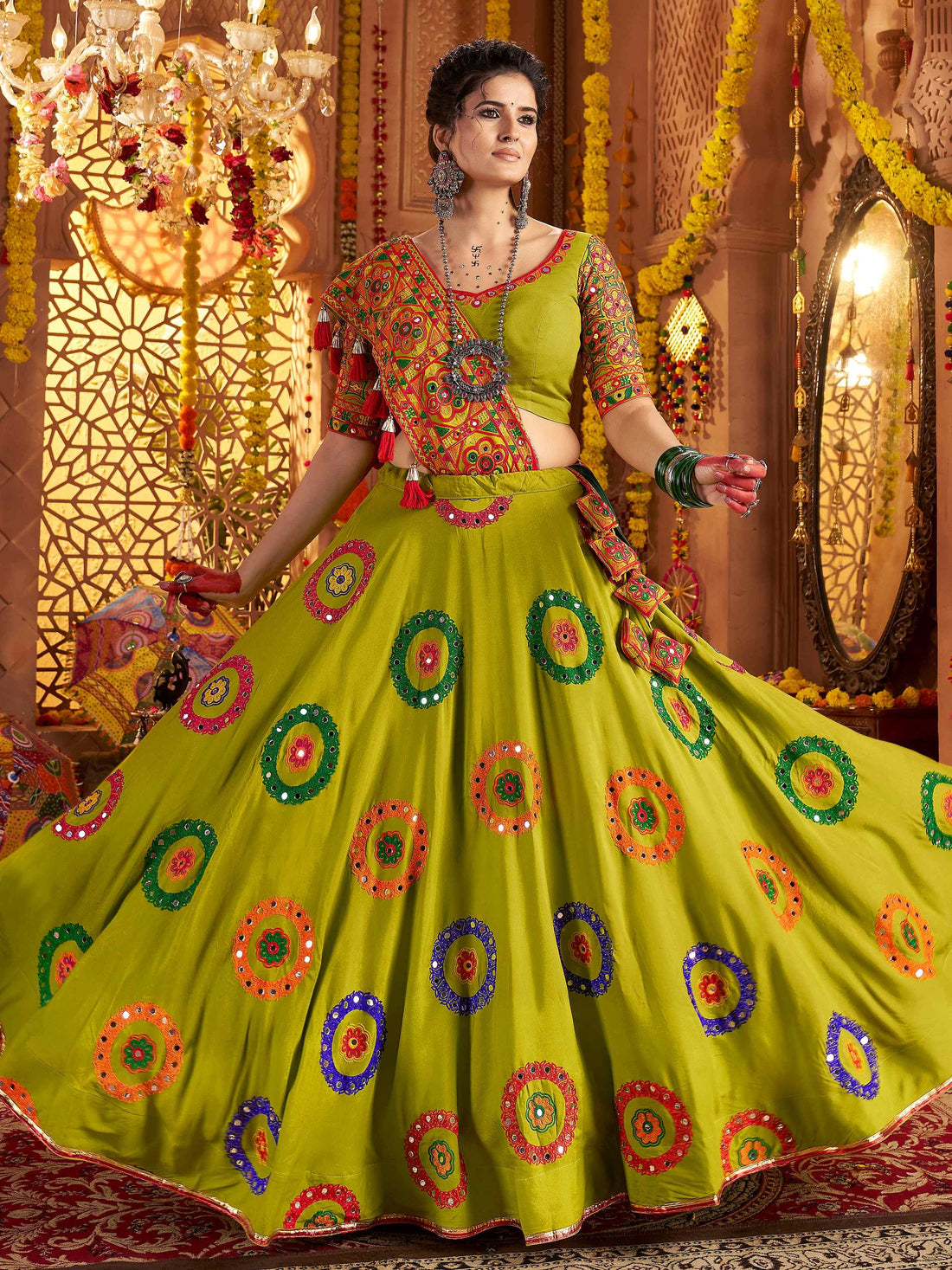 Astonishing Parrot Green Embroidered Cotton Navratri Special Lehenga Choli - Zeel Clothing