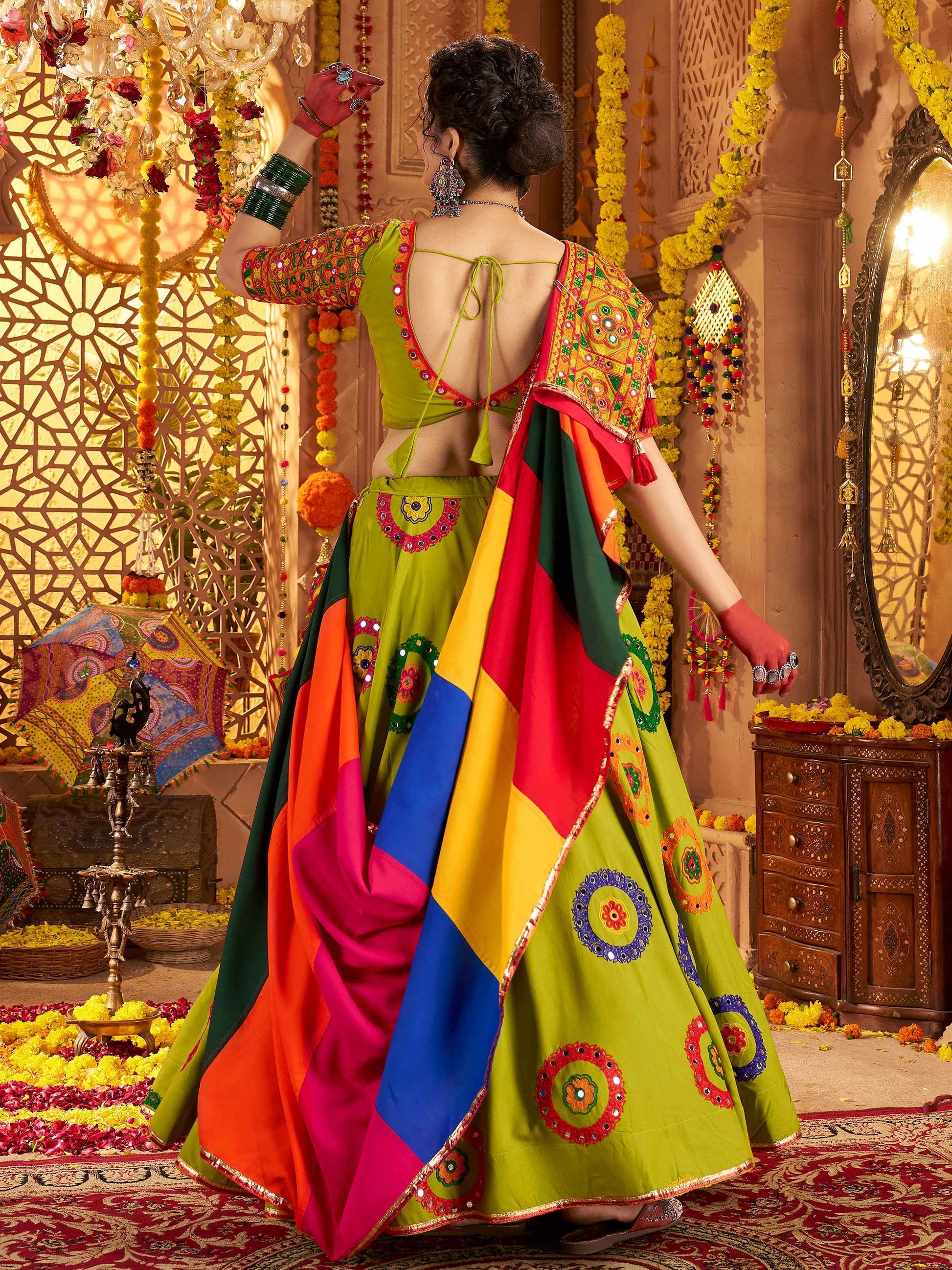 Astonishing Parrot Green Embroidered Cotton Navratri Special Lehenga Choli - Zeel Clothing