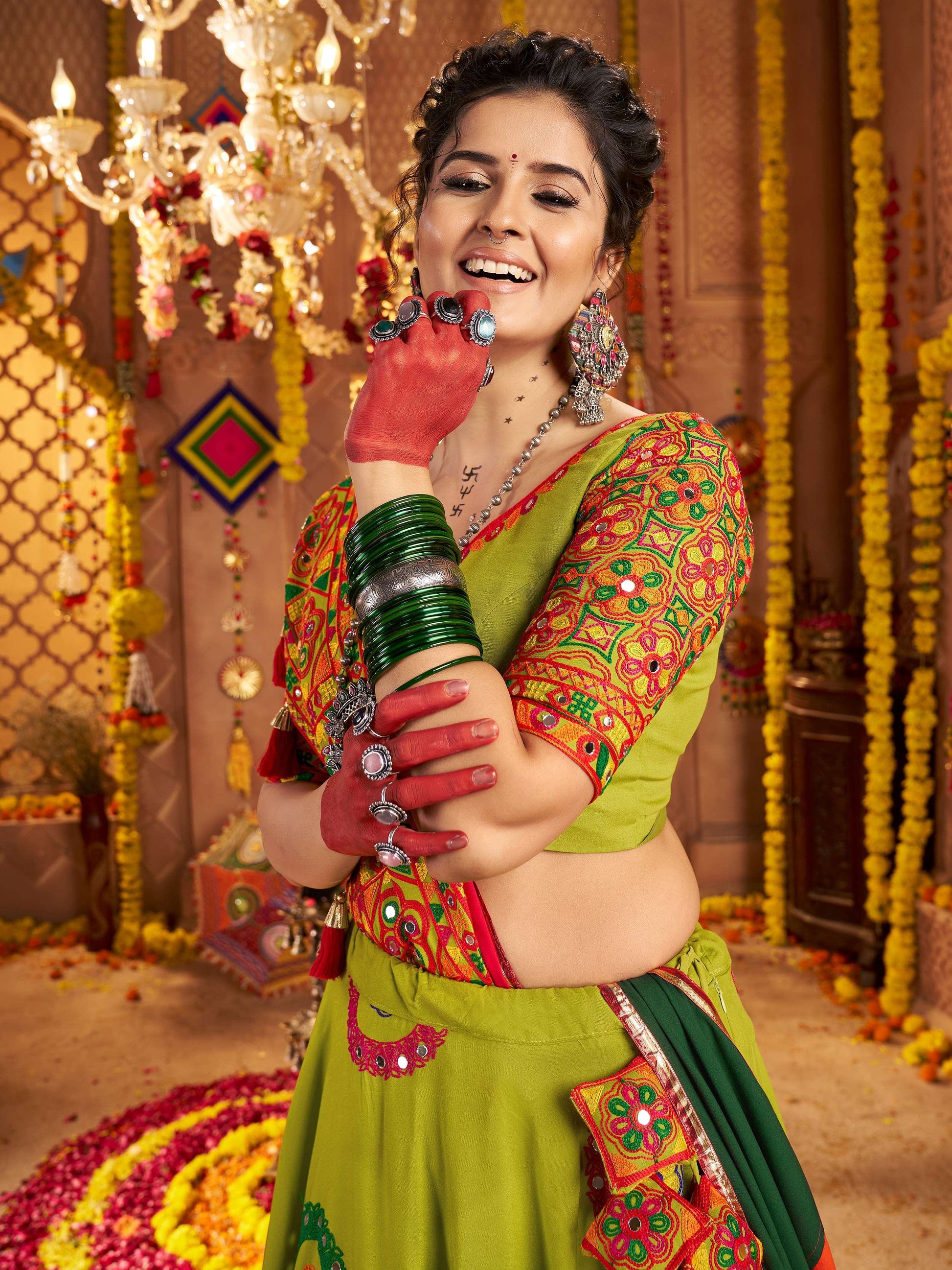 Astonishing Parrot Green Embroidered Cotton Navratri Special Lehenga Choli - Zeel Clothing
