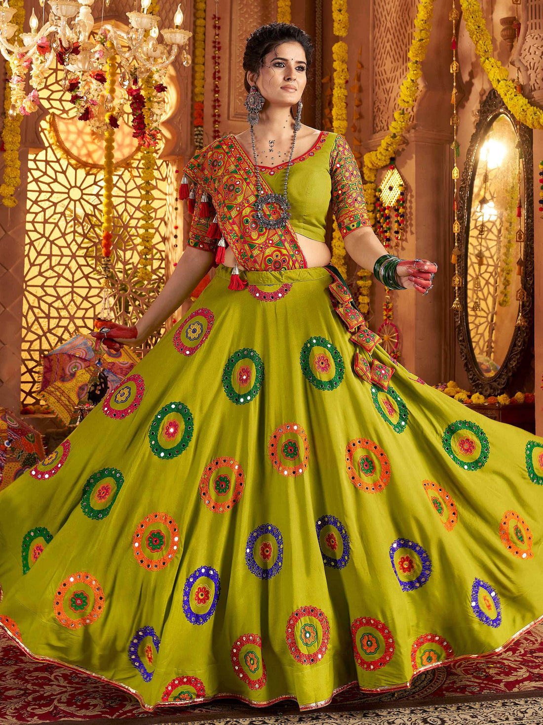 Astonishing Parrot Green Embroidered Cotton Navratri Special Lehenga Choli - Zeel Clothing