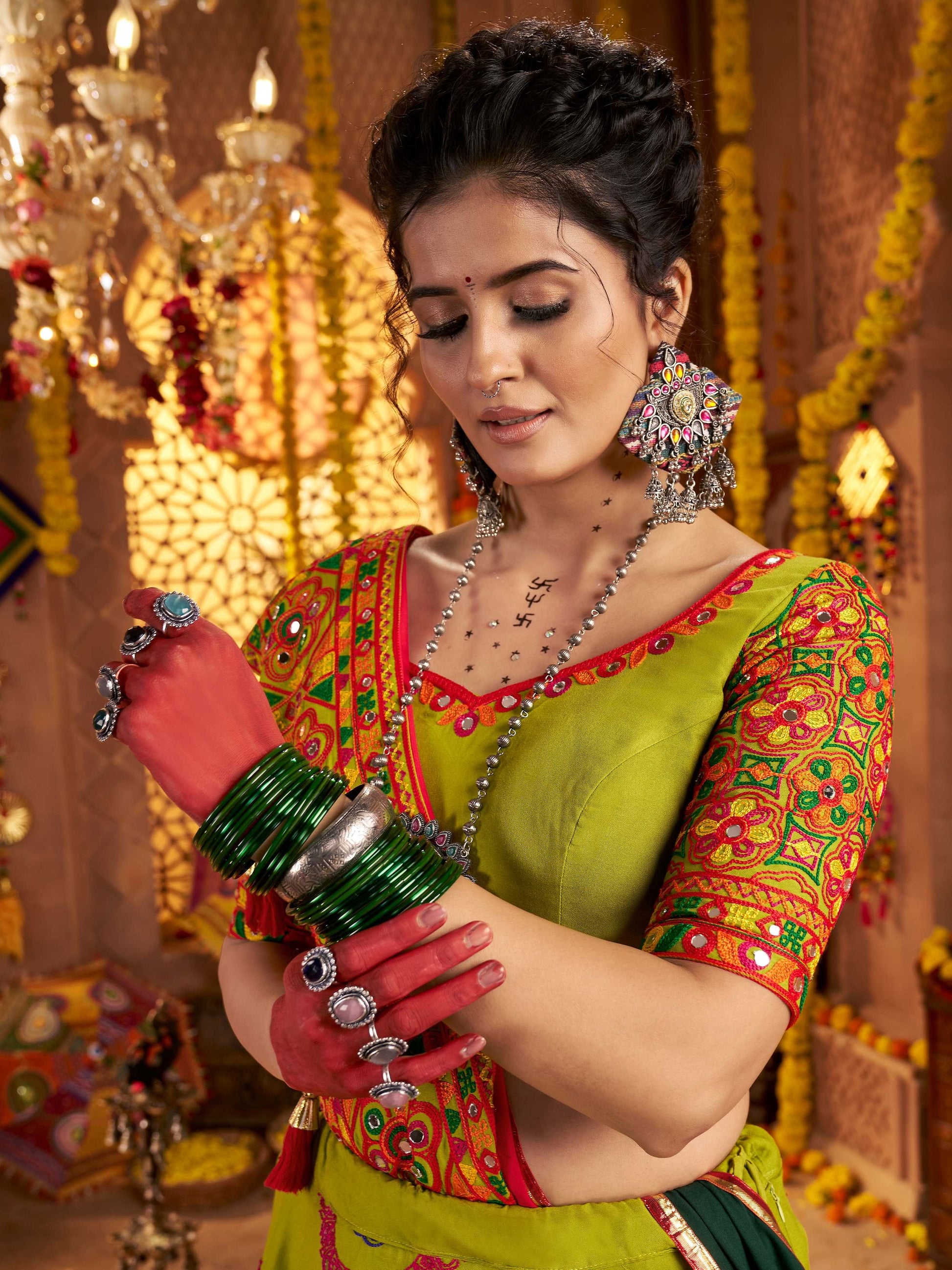Astonishing Parrot Green Embroidered Cotton Navratri Special Lehenga Choli - Zeel Clothing