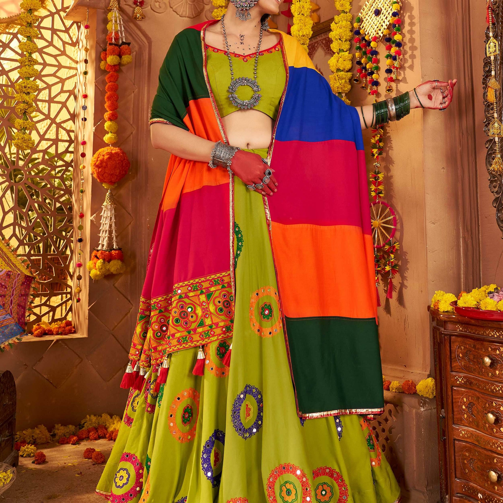Astonishing Parrot Green Embroidered Cotton Navratri Special Lehenga Choli - Zeel Clothing