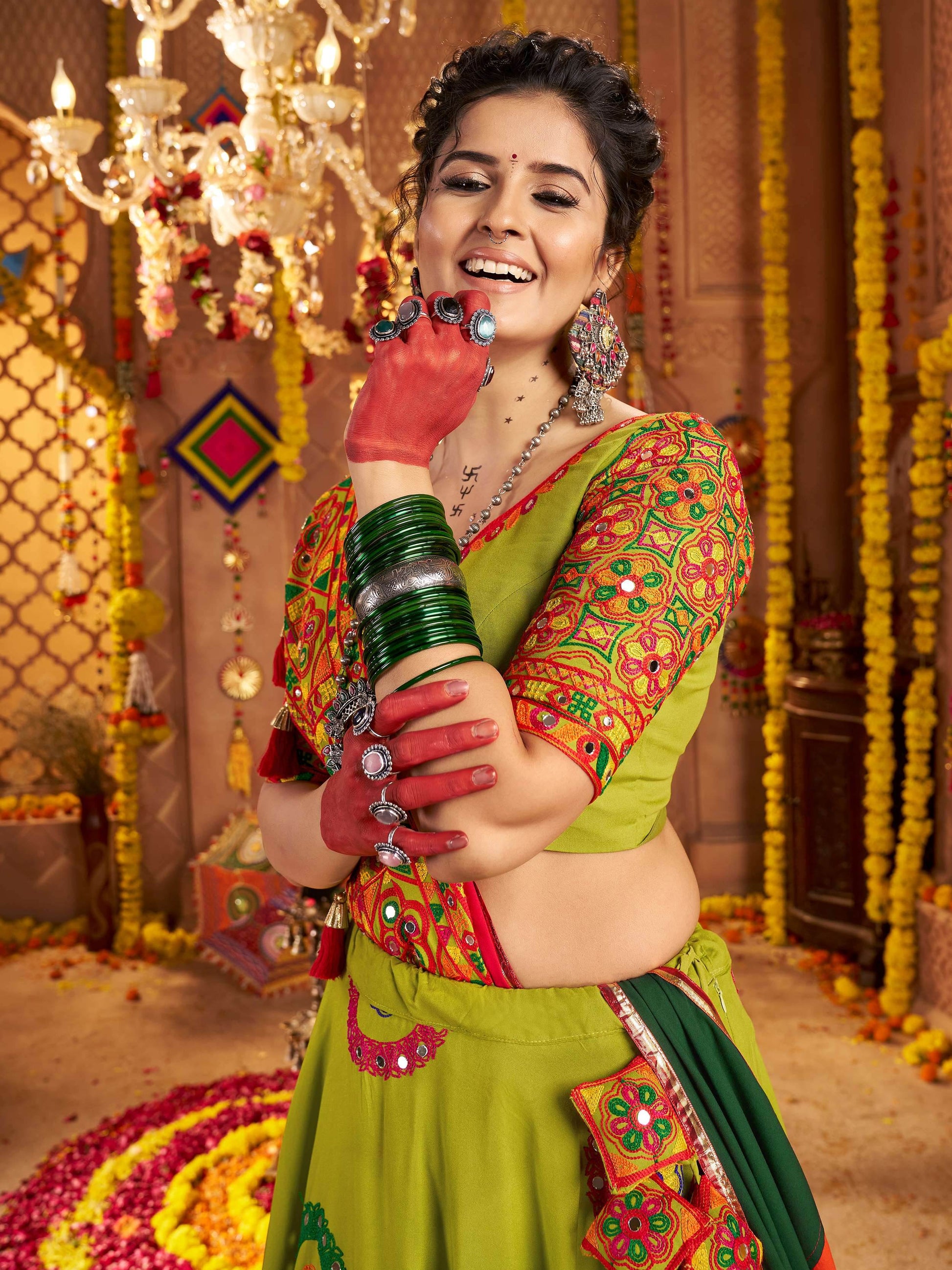 Astonishing Parrot Green Embroidered Cotton Navratri Special Lehenga Choli - Zeel Clothing