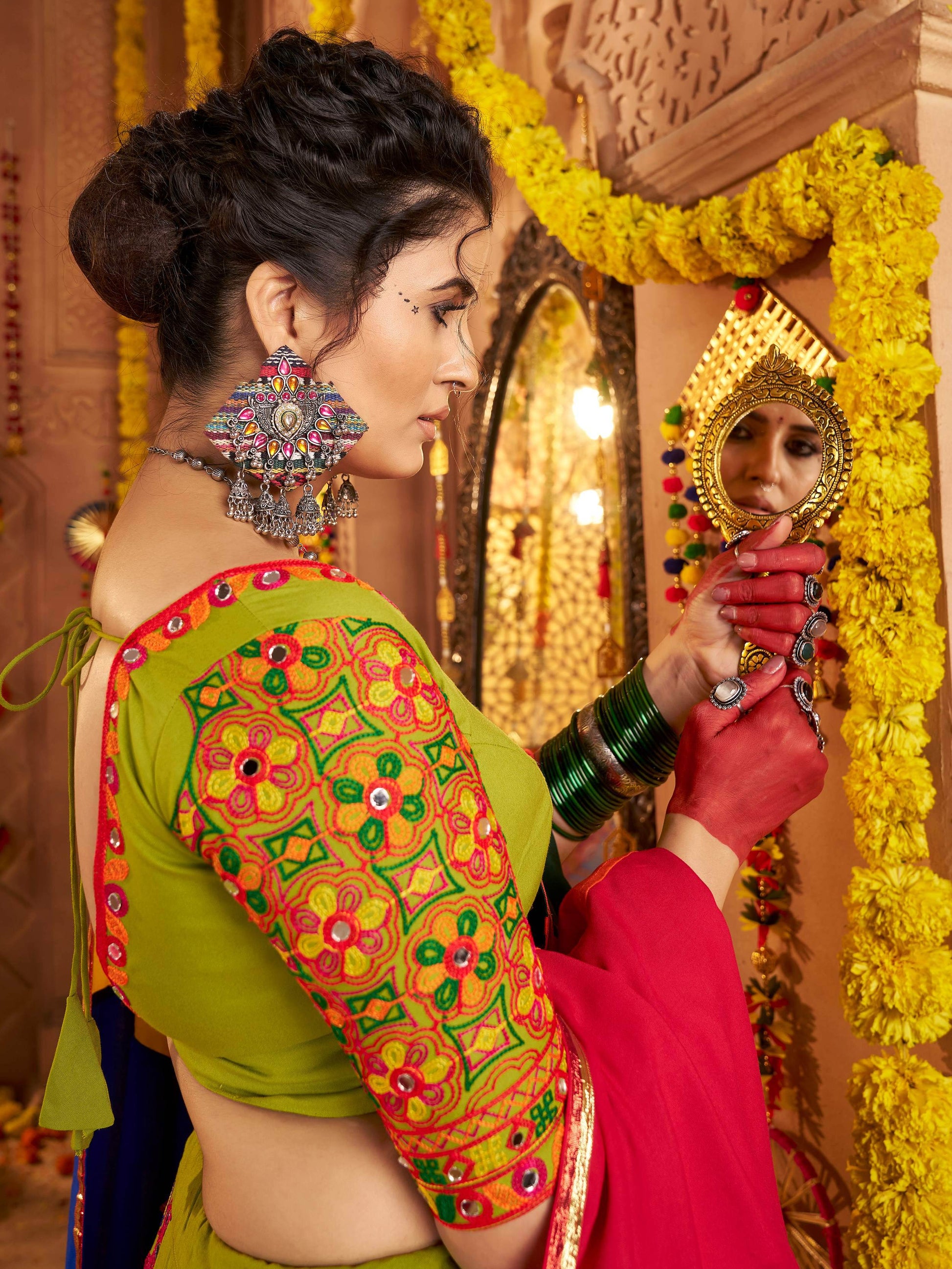Astonishing Parrot Green Embroidered Cotton Navratri Special Lehenga Choli - Zeel Clothing