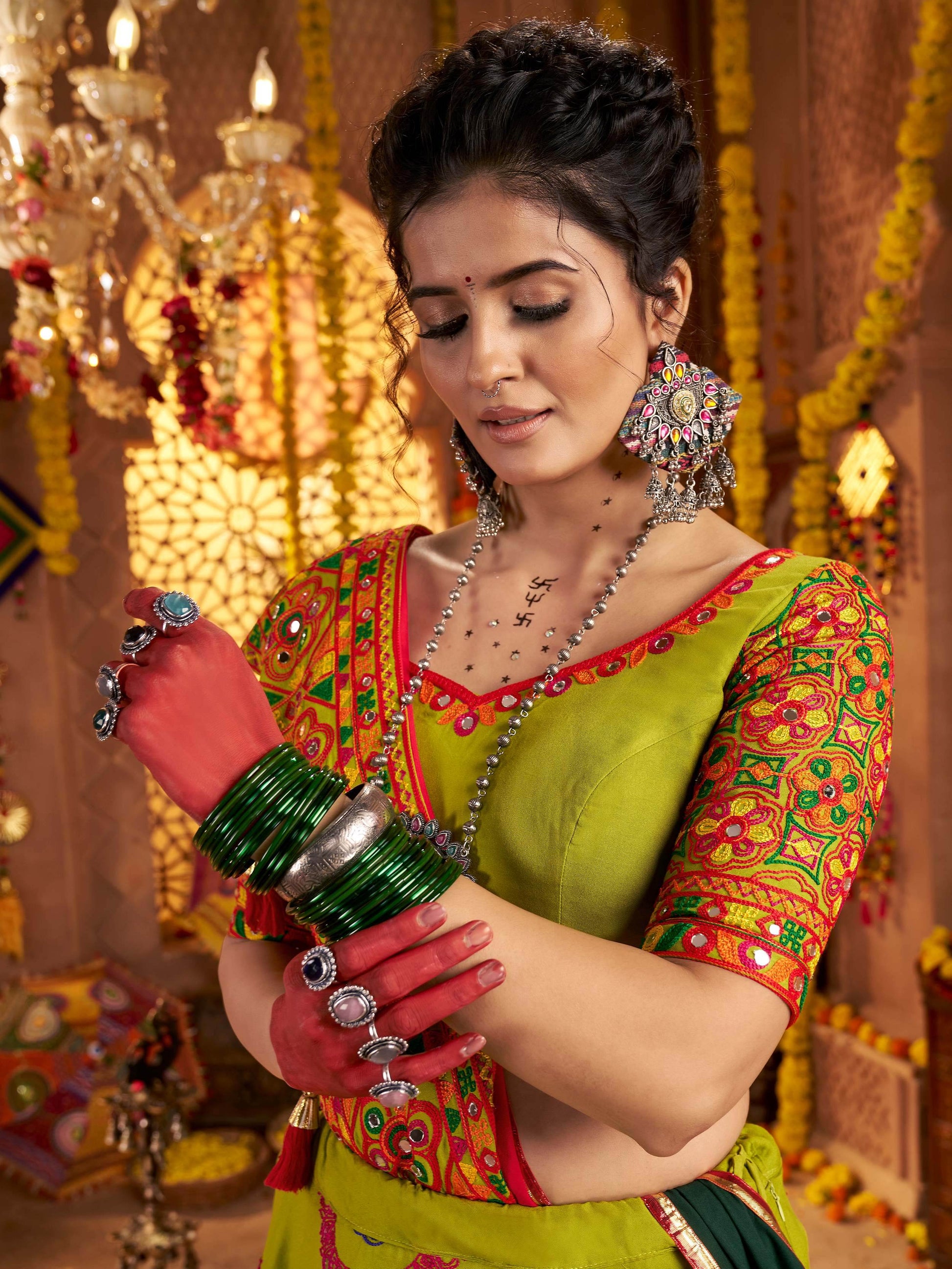 Astonishing Parrot Green Embroidered Cotton Navratri Special Lehenga Choli - Zeel Clothing