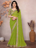 Astonishing Parrot Green Embroidered Georgette Saree With Blouse - Zeel Clothing