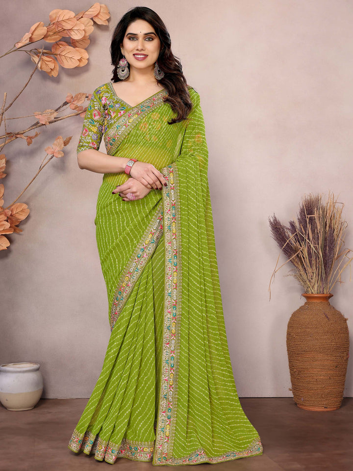 Astonishing Parrot Green Embroidered Georgette Saree With Blouse - Zeel Clothing