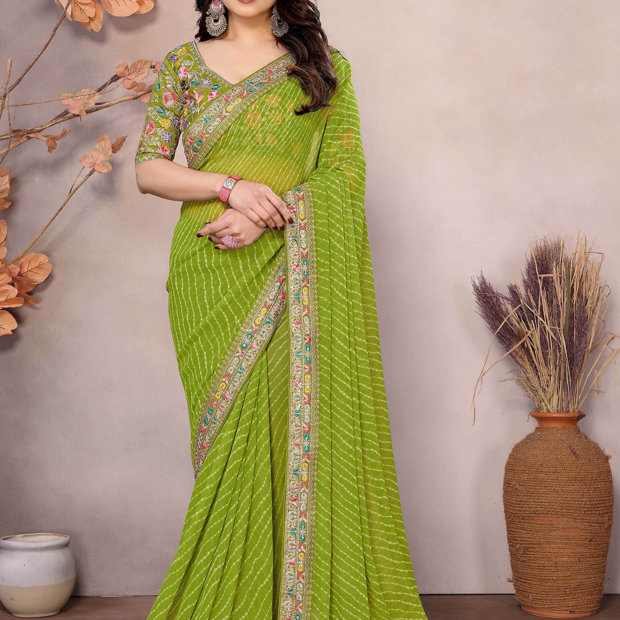 Astonishing Parrot Green Embroidered Georgette Saree With Blouse - Zeel Clothing
