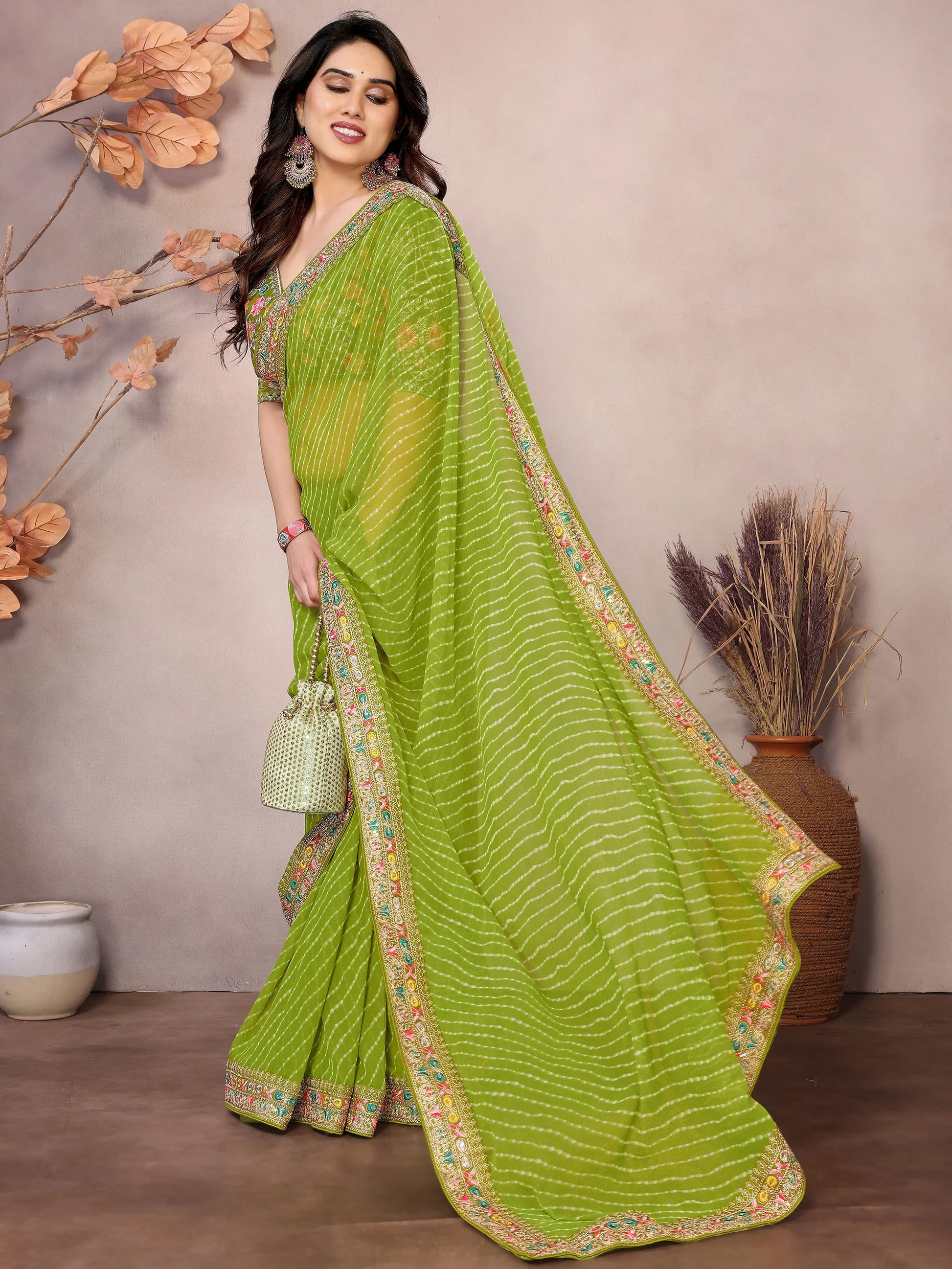 Astonishing Parrot Green Embroidered Georgette Saree With Blouse - Zeel Clothing