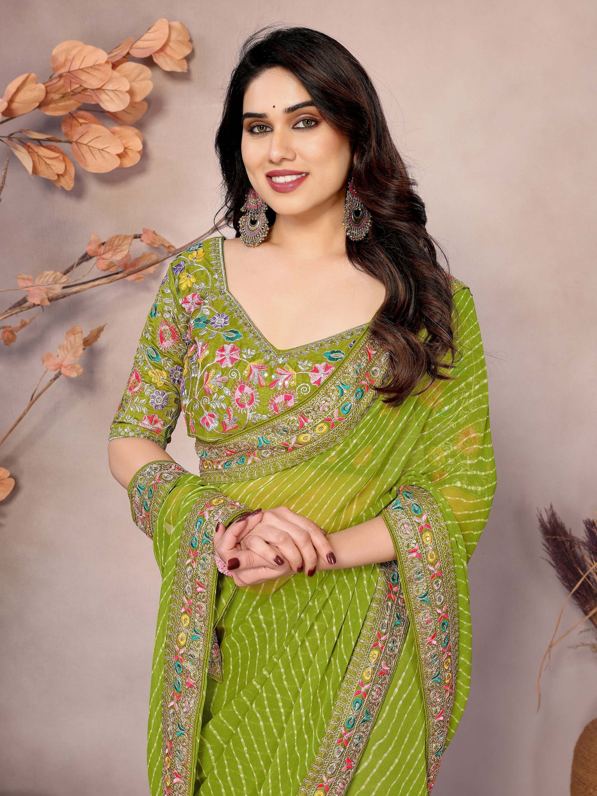 Astonishing Parrot Green Embroidered Georgette Saree With Blouse - Zeel Clothing