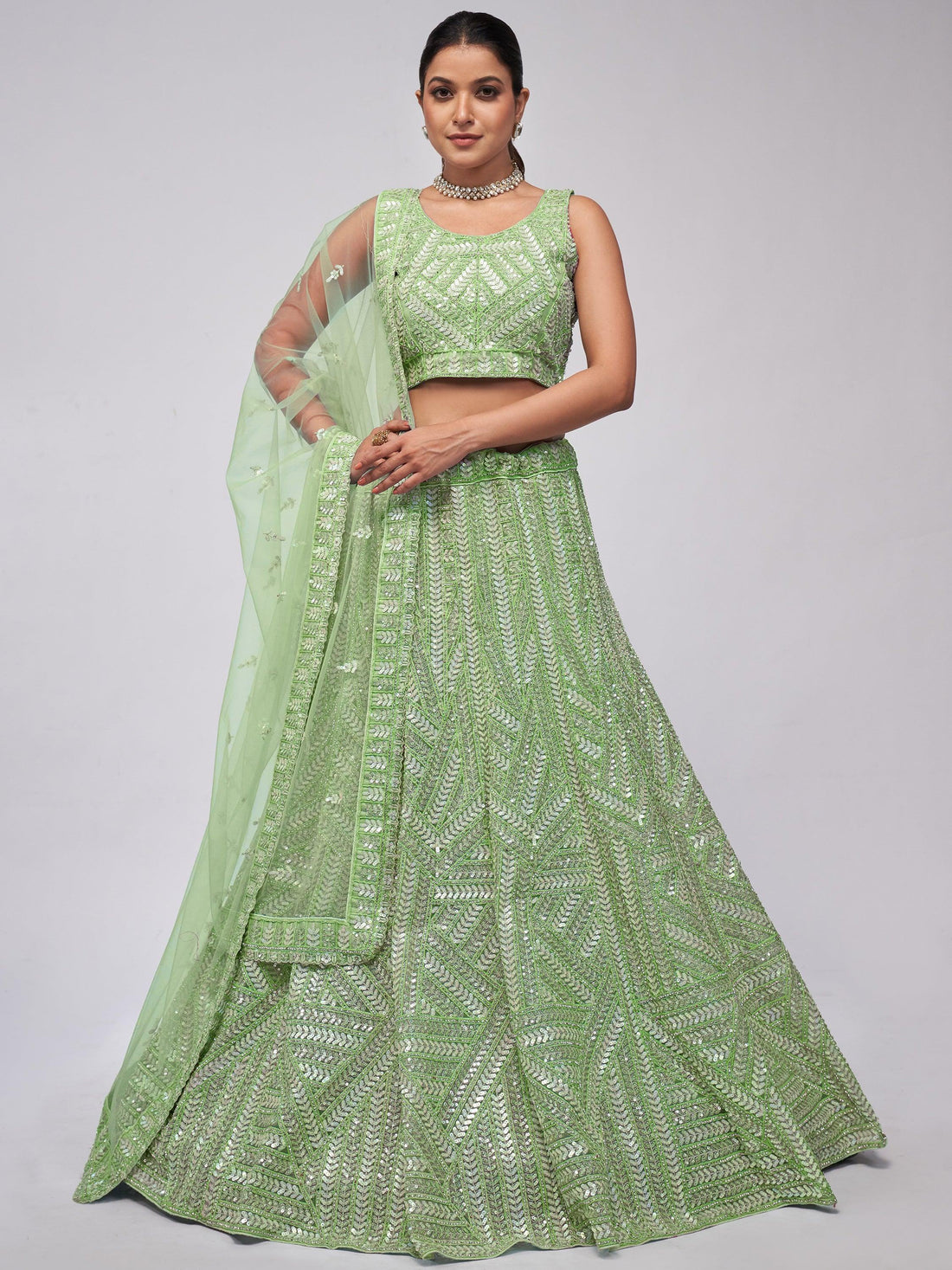 Astonishing Pastel Green Sequins Work Wedding Wear Lehenga Choli